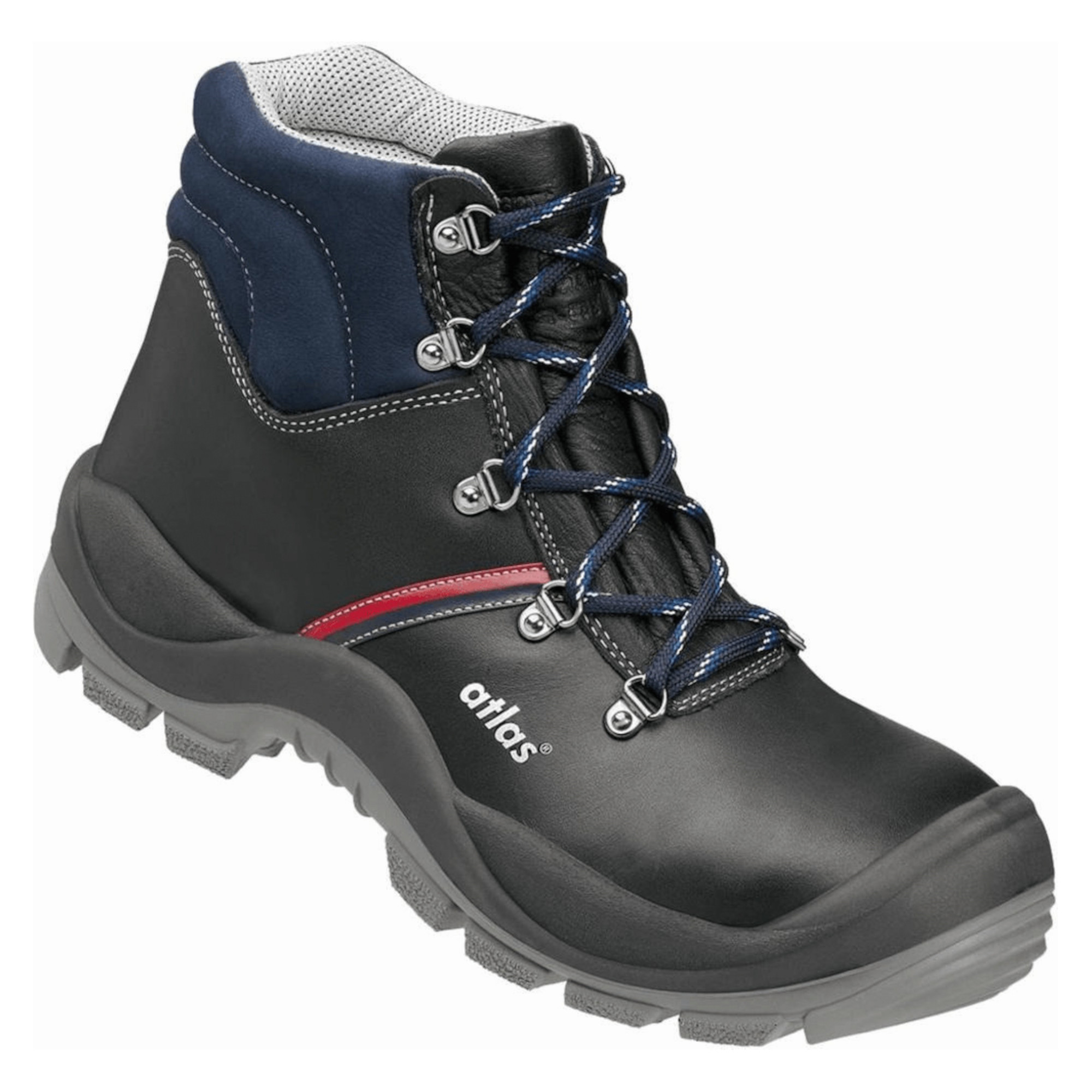 Ein schwarzer Wanderschuh mit blauen Akzenten und grauer Sohle. Die Schnürsenkel sind dunkelblau und die Schuhspitze ist verstärkt. An der Seite befindet sich ein roter Streifen und das Logo "atlas" ist sichtbar. Der Schuh ist für trekkinig und Outdoor-Aktivitäten geeignet.