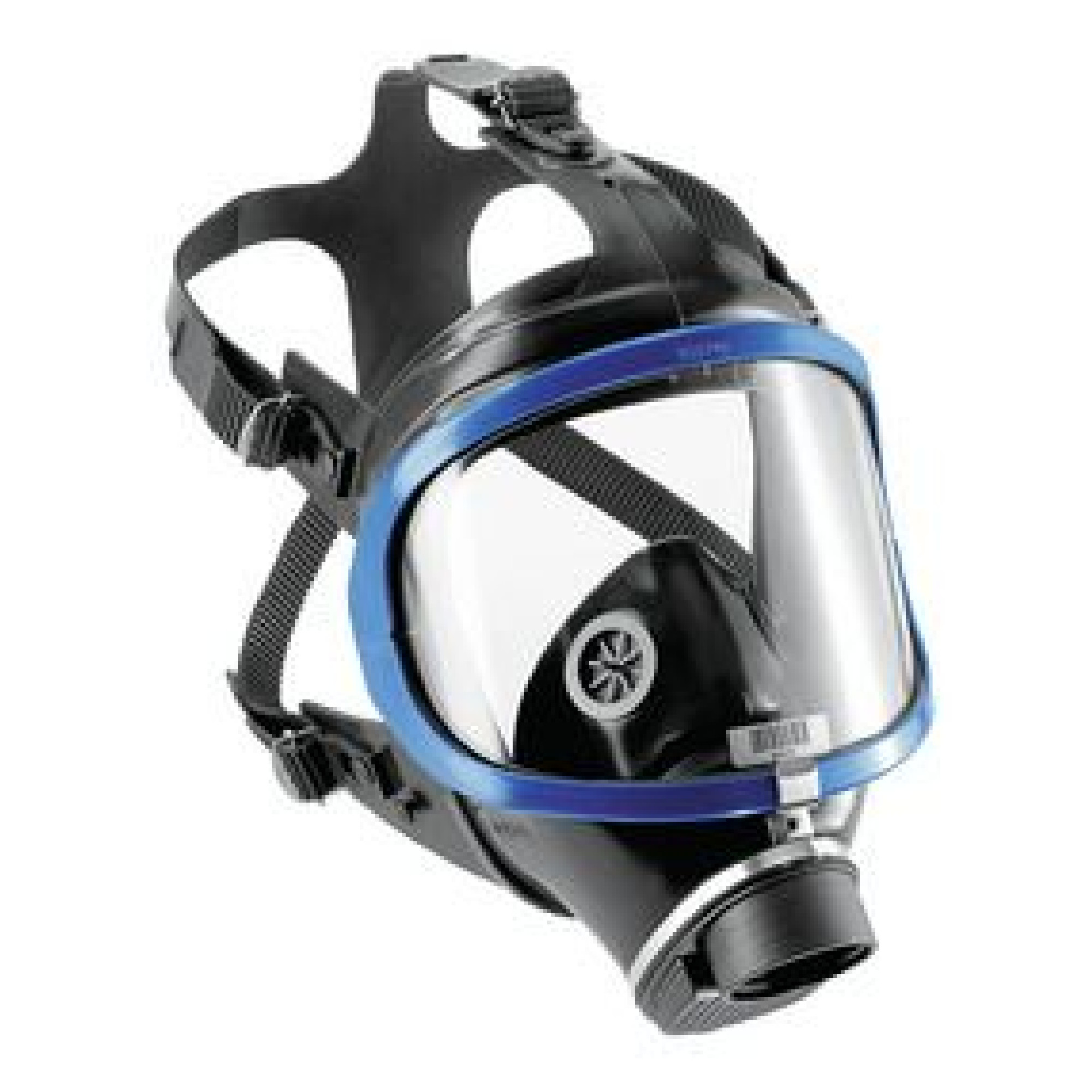 Eine Schutzmaske mit einem großen transparenten Visier und einem schwarzen Gehäuse, umgeben von einem blauen Rand. Sie hat verstellbare Träger und einen Anschluss für ein Atemgerät. Die Maske ist für den Einsatz in gefährlichen Umgebungen konzipiert.