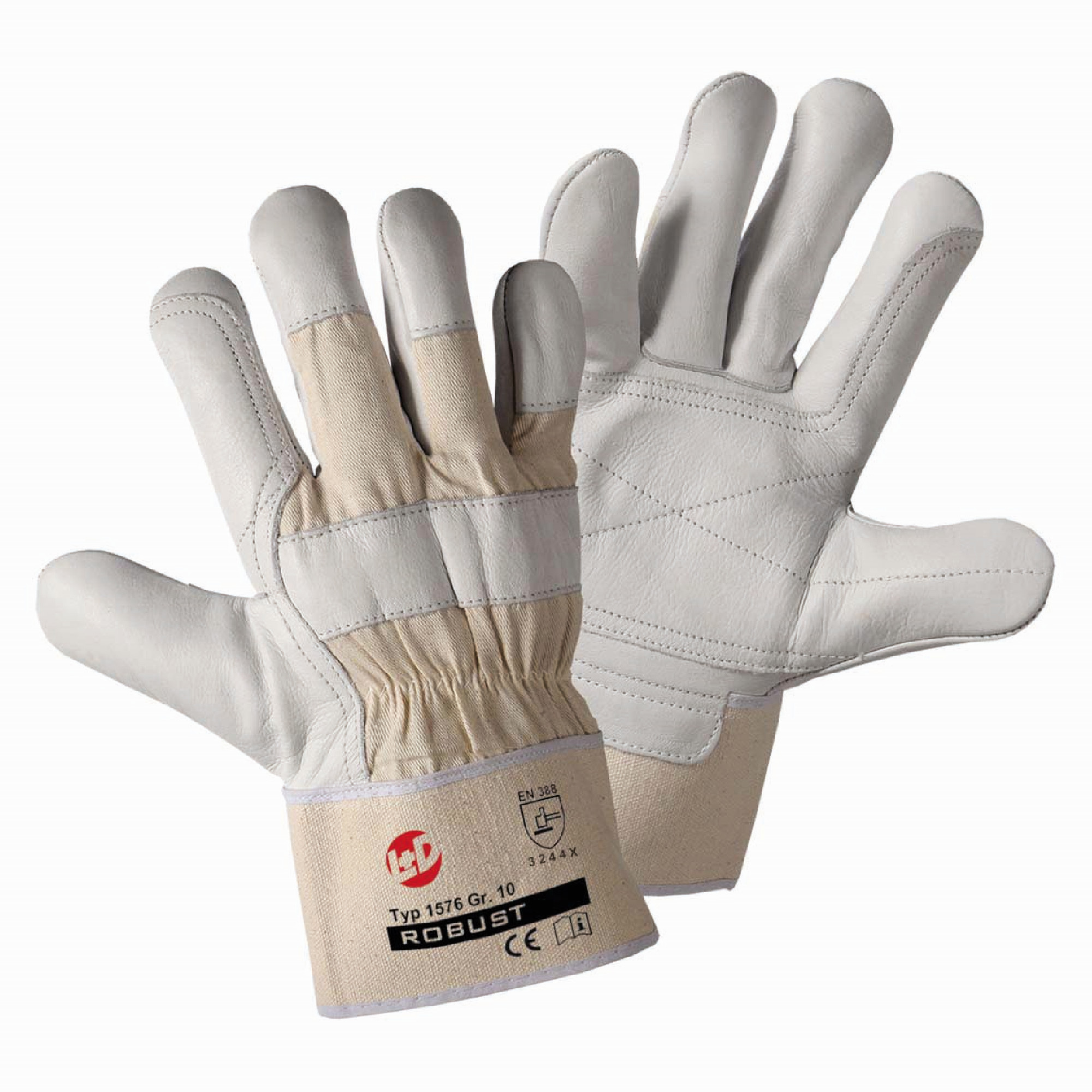 Robuste Arbeitshandschuhe in Grau und Beige mit elastischen Bündchen für sicheren Handschutz bei anspruchsvollen Arbeiten.