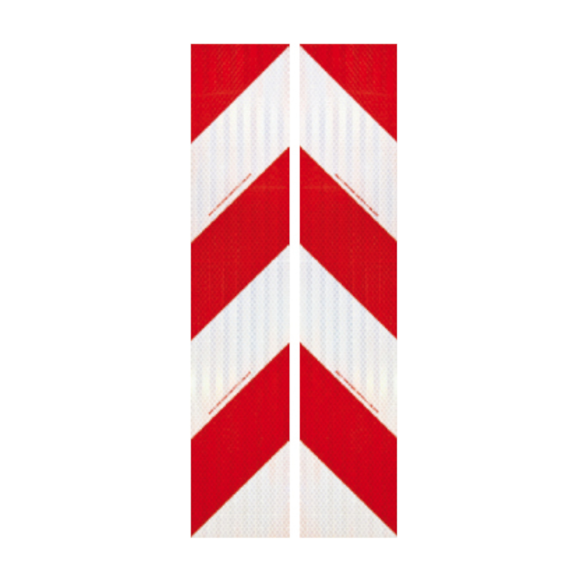 Ein Warnschild mit einem Muster aus roten und weißen diagonal verlaufenden Streifen, das auf eine Gefahrenstelle oder eine Umleitung hinweist. Die roten Abschnitte formen Pfeile, die nach unten zeigen, und vermitteln eine klare visuelle Botschaft.