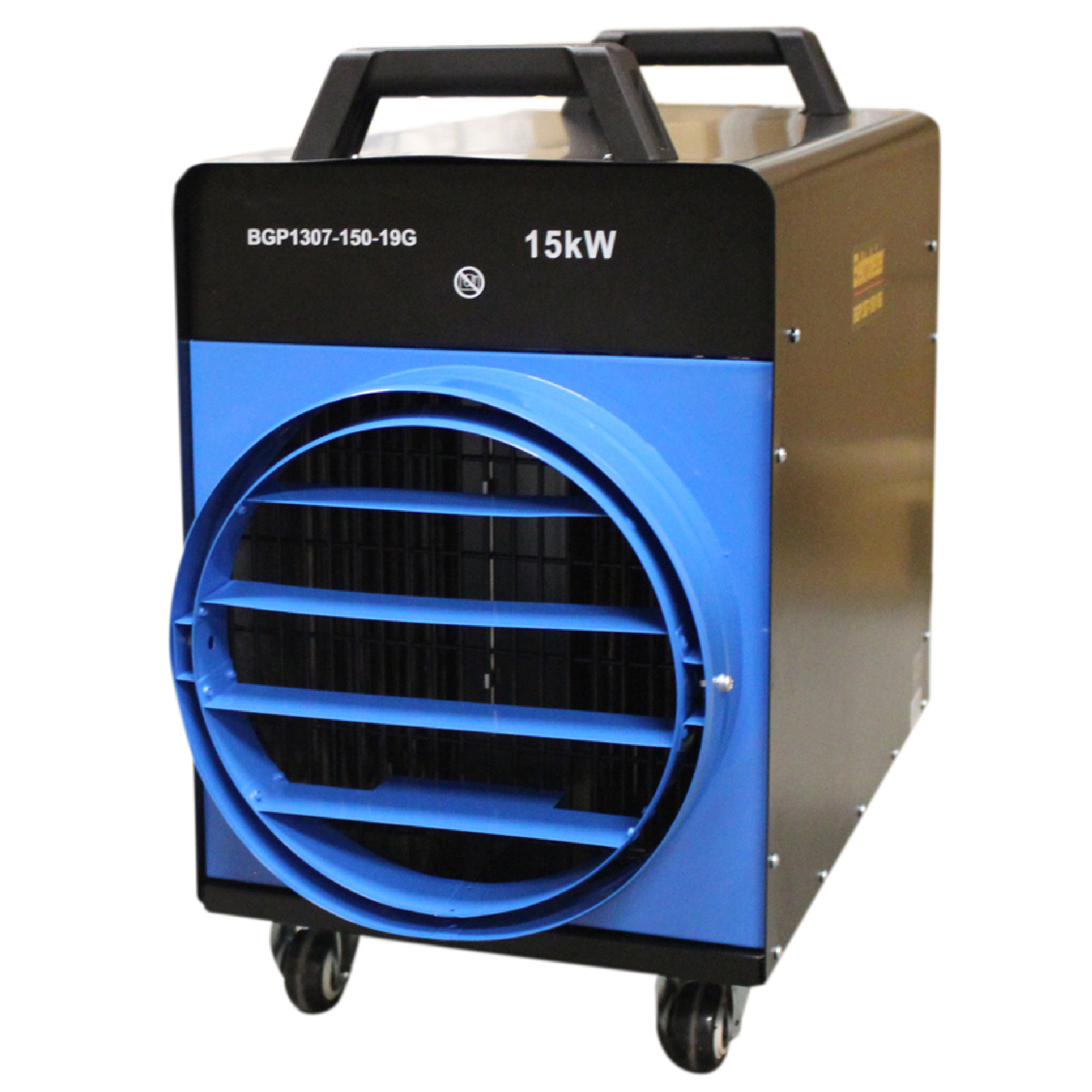 Ein mobiler Heizlüfter in Schwarz und Blau. Er hat einen großen Luftauslass und Rollen für einfache Mobilität. Die technische Angabe „15 kW“ weist auf eine hohe Heizleistung hin. Ideal für die Beheizung größerer Räume.