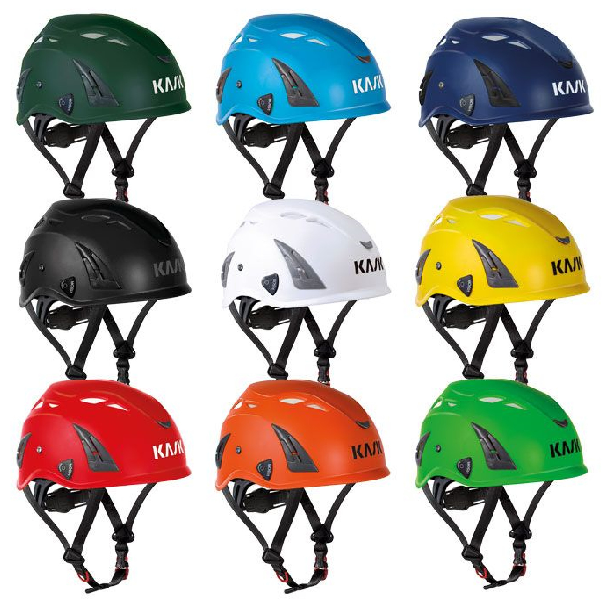 Eine Anordnung von zehn Kletterhelmen in verschiedenen Farben: grün, blau, dunkelblau, schwarz, weiß, gelb, rot, orange und grün. Die Helme sind mit verstellbaren Riemen ausgestattet und zeigen eine moderne, aerodynamische Form. Sie sind zum Schutz beim Klettern konzipiert.