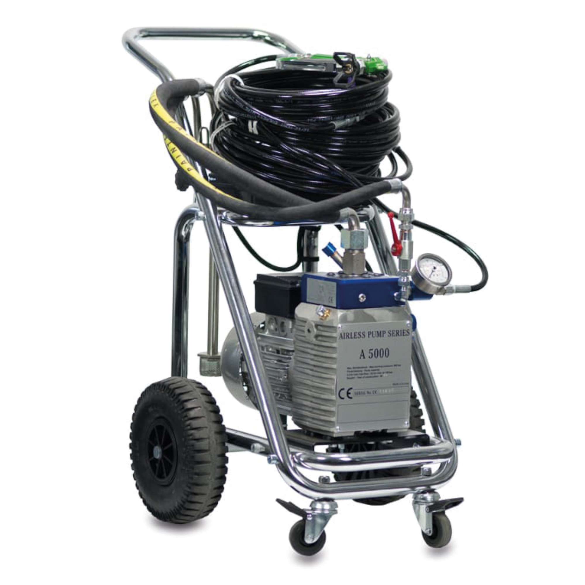 Ein tragbarer, luftloser Pumpenwagen mit großen Reifen. Die Pumpe hat ein metallisches Gehäuse und mehrere Schläuche, die aufgerollt sind. Ein Druckmanometer ist an der Vorderseite sichtbar. Der Wagen ist für den einfachen Transport von Werkzeugen konzipiert.