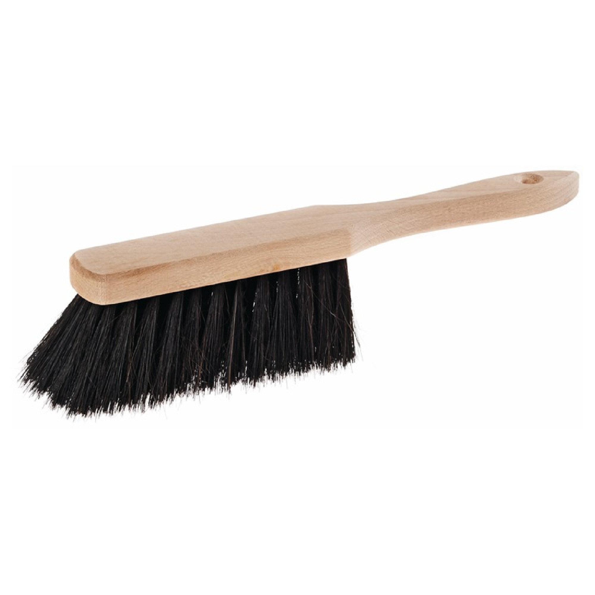 Ein Besen mit einem Holzgriff und schwarzen Borsten. Der Besen ist flach und hat eine breite Bürstenseite, die zum Kehren von Staub und Schmutz verwendet wird.