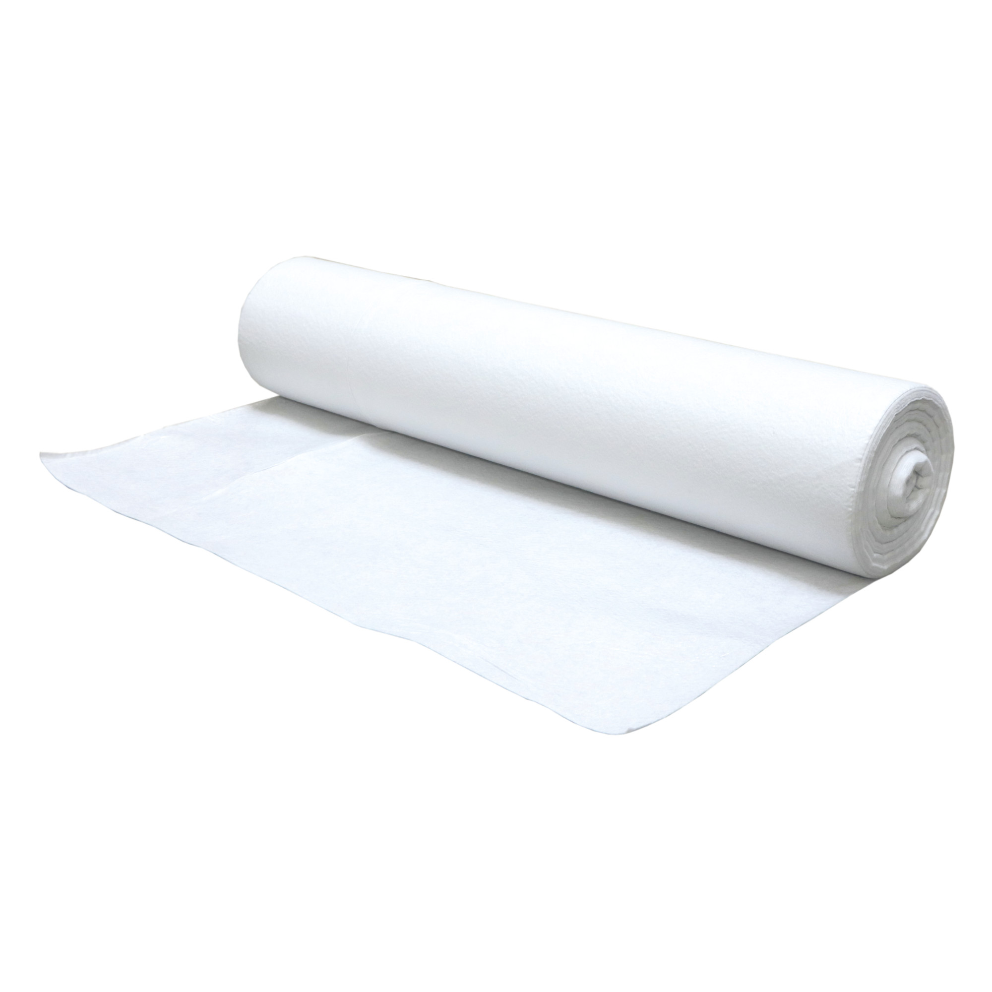 Eine weiße Rolle mit Stoffmaterial, die teilweise abgerollt ist. Das Material liegt flach auf einer Oberfläche und zeigt eine weiche, filzartige Struktur. Die Rolle ist gleichmäßig und hat keine sichtbaren Muster oder Drucke.