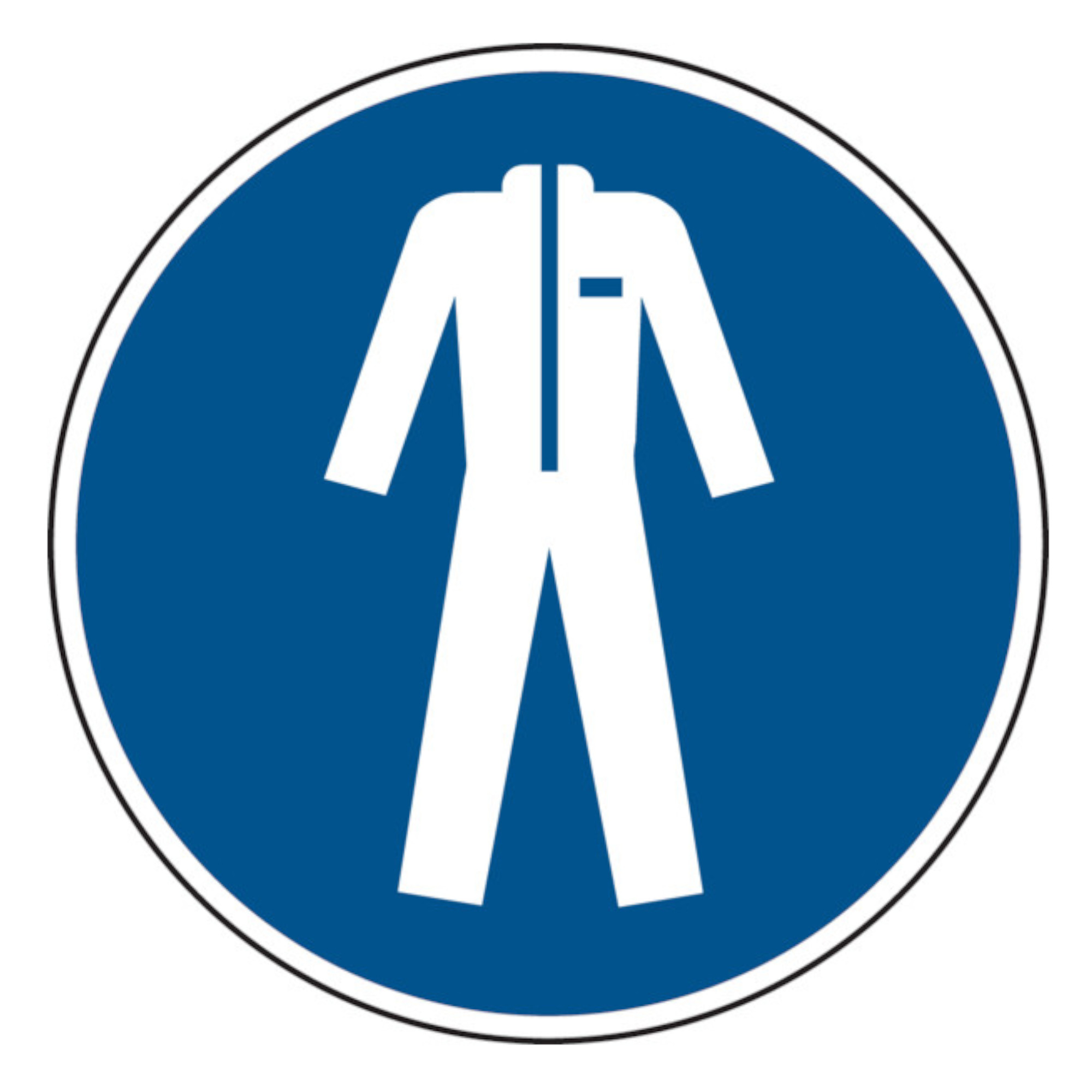 Ein blauer Kreis mit einem weißen Symbol, das einen Overall zeigt. Der Overall hat lange Ärmel und Beine, aber keinen Kopf. Dieses Symbol wird häufig verwendet, um Arbeitskleidung oder Sicherheitsbekleidung anzuzeigen.