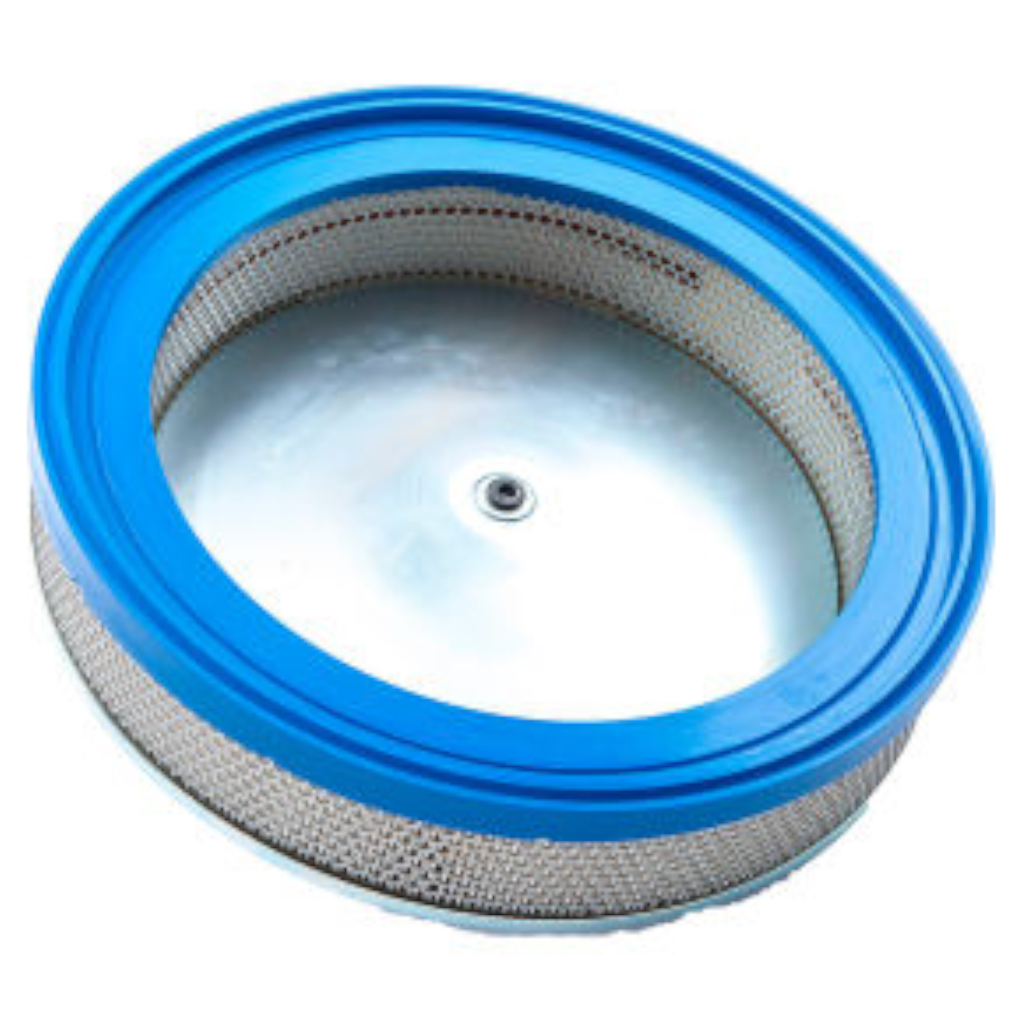 Ein runder Luftfilter mit einem blauen Kunststoffrand und einer Metallgitterstruktur. Die Oberseite ist silbern und hat eine zentrale Öffnung. Der Filter dient zur Reinigung von Luft in Motoren oder ähnlichen Anwendungen.