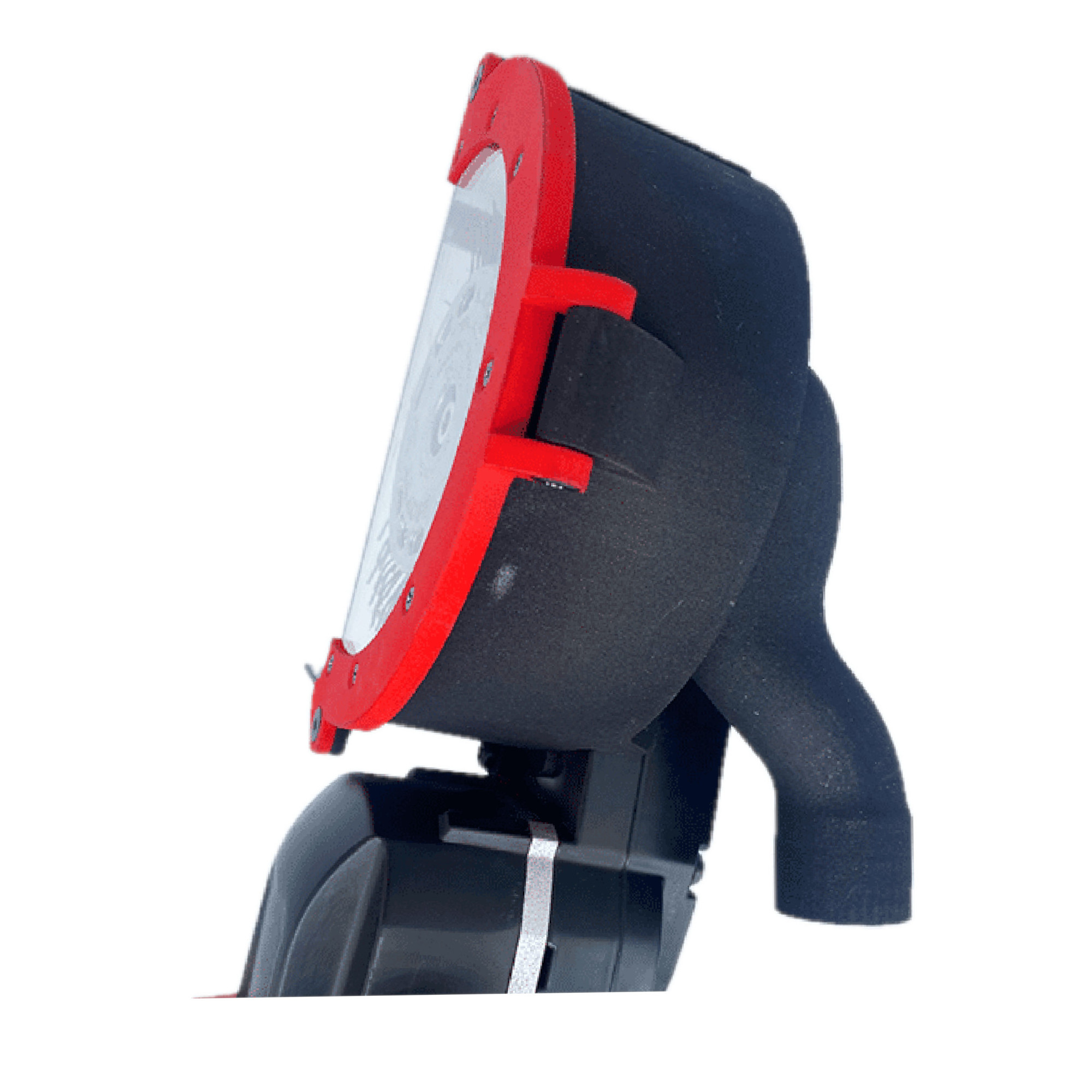 Eine schwarze, runde Lampe mit rotem Rand und einem Auslass auf der Seite. Die Lampe ist auf einem stabilen Gehäuse montiert, das die Funktionalität und das Design unterstreicht. Sie könnte für verschiedene Beleuchtungszwecke, wie z.B. Baustellen oder Arbeiten im Freien, verwendet werden.