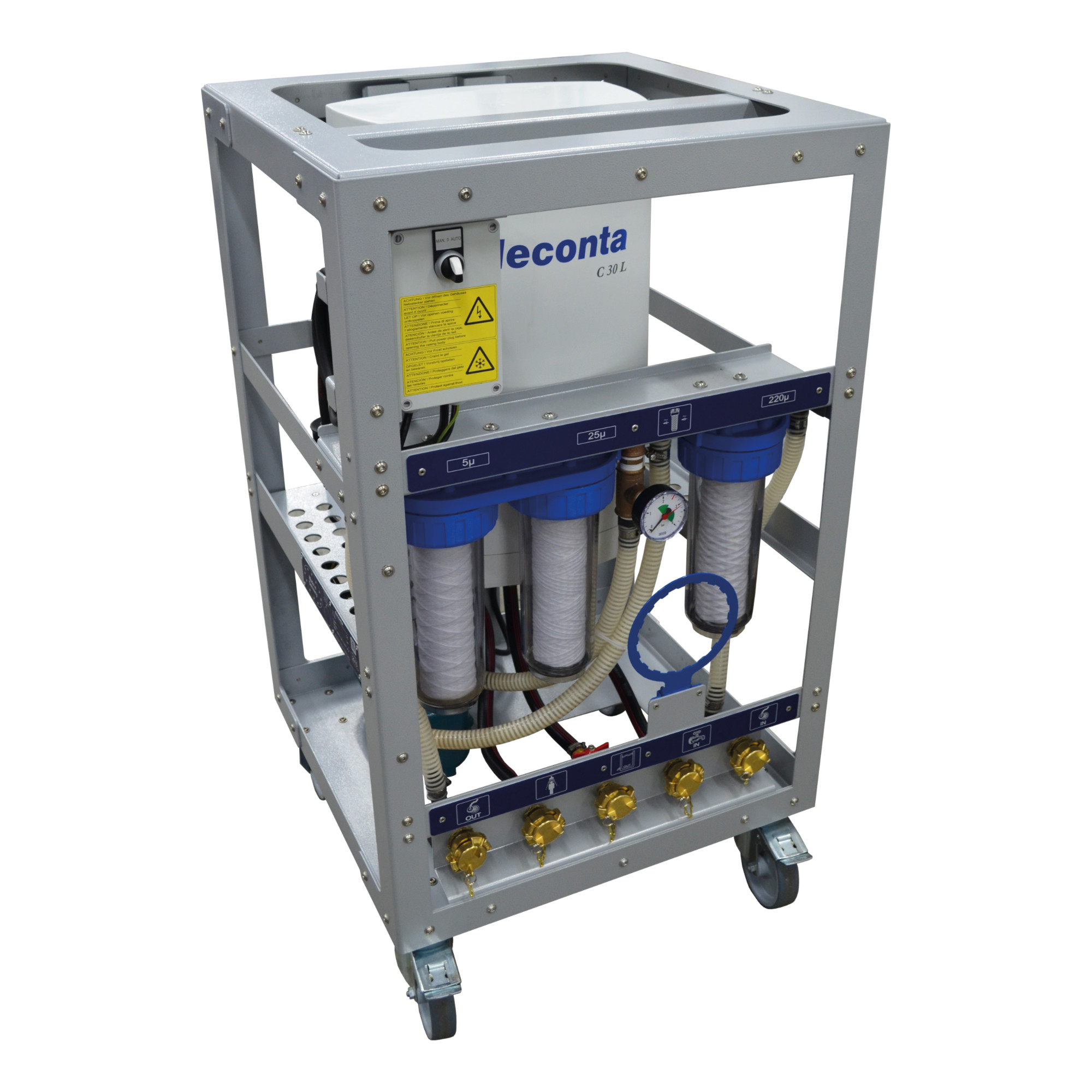 Mobiler Wasseraufbereiter mit Metallrahmen, blauen Filtereinheiten, Manometer, Anschlüssen, Warnhinweisen und vier Rollen