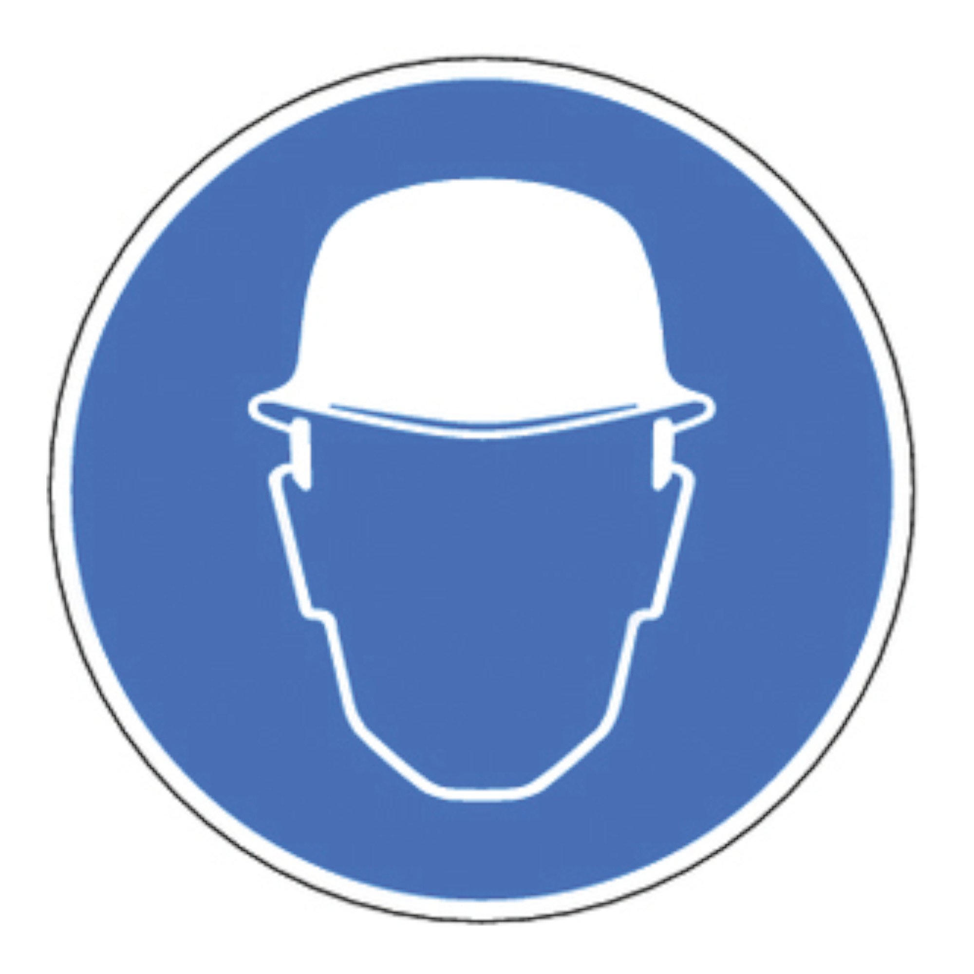 Symbol eines Bauarbeiters mit Helm auf blauem Hintergrund. Das Bild zeigt eine stilisierte, weiße Silhouette eines Kopfes mit einem Schutzhelm, was auf Sicherheits- oder Baustellenhinweise hinweist.