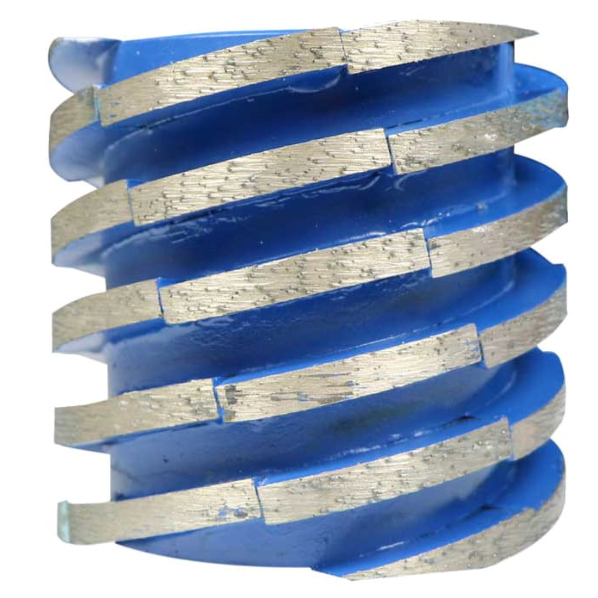 Blauer Diamant-Frässtift mit spiralförmig angeordneten, silbernen Schleifsegmenten für die Oberflächenbearbeitung, freigestellt auf weißem Hintergrund.
