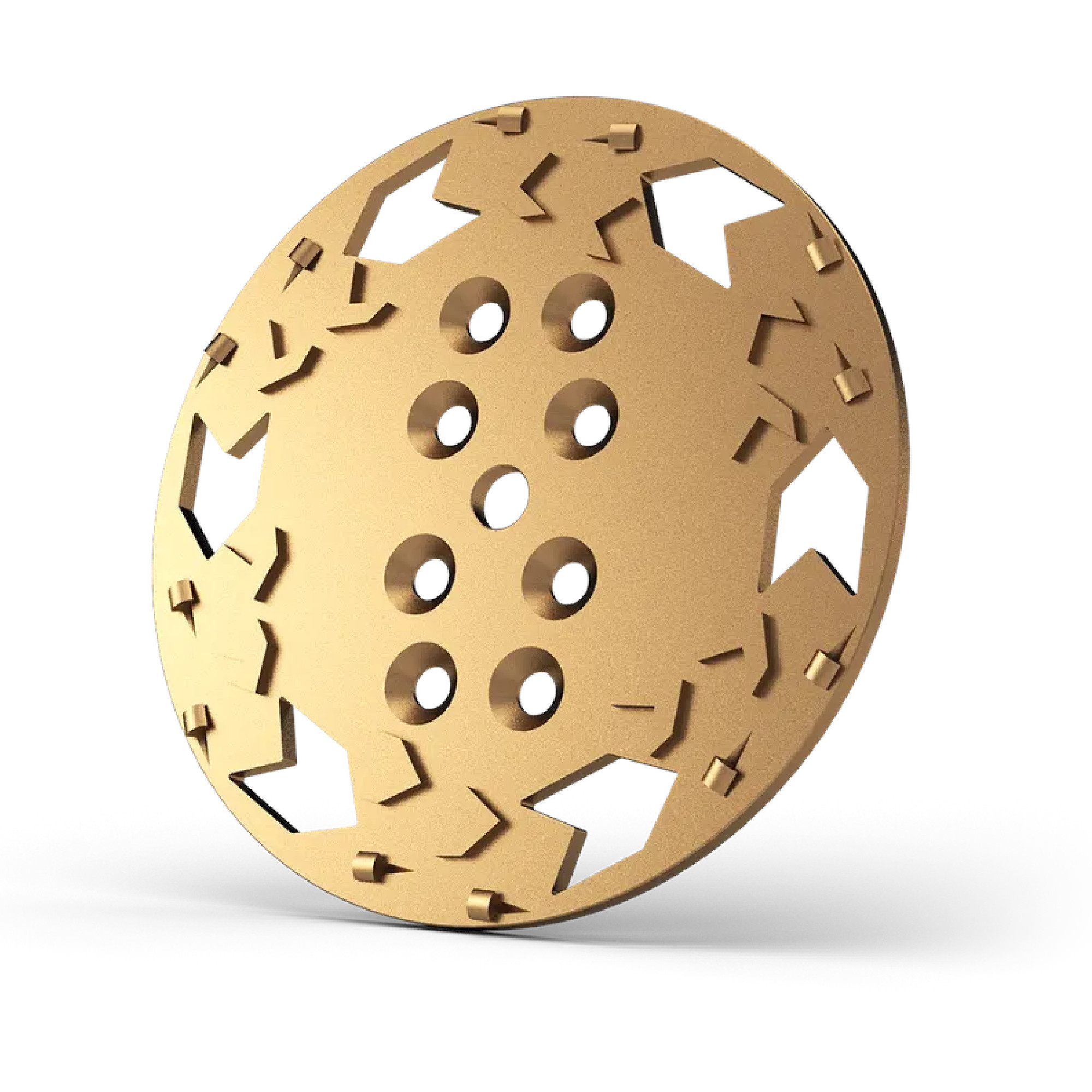 Ein goldfarbener, runder Gegenstand mit vielen Aussparungen in verschiedenen Formen. In der Mitte befinden sich mehrere Löcher. Der Gegenstand hat eine strukturierte Oberfläche und eine flache, kreisförmige Form.