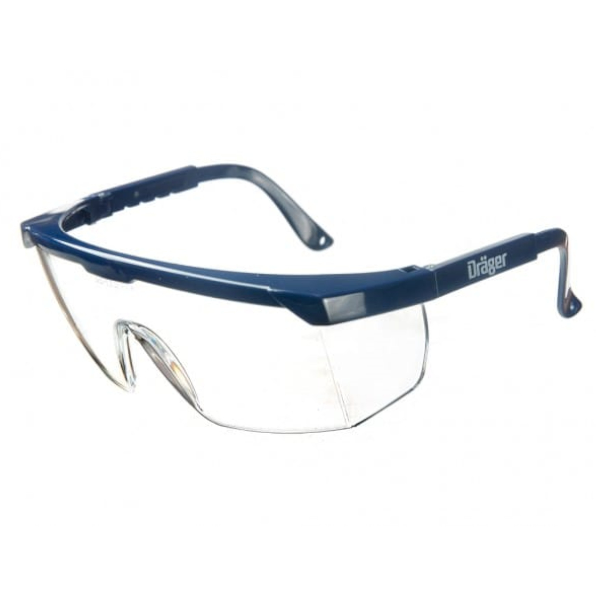 Blaue Sichtschutzbrille mit klaren Gläsern und flexiblen, komfortablen Bügeln