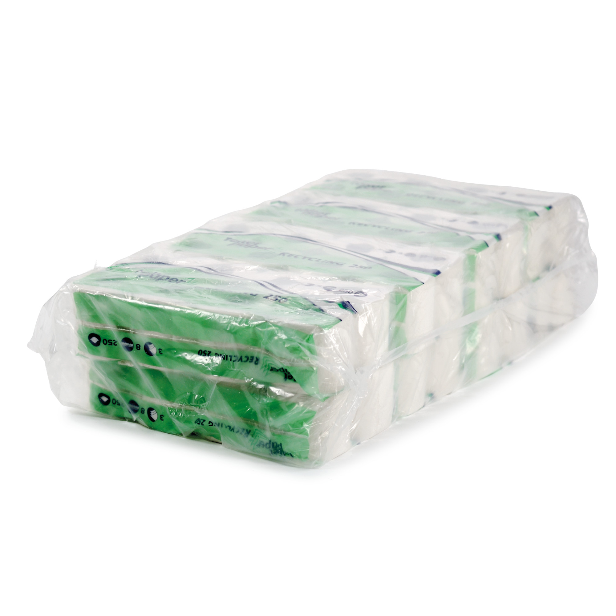 Ein Paket mit mehreren gestapelten Stückchen eines weißen Produkts, umhüllt von durchsichtiger Folie. Die Verpackung ist mit grünen und blauen Beschriftungen versehen. Das Gesamtbild zeigt eine saubere und geordnete Anordnung der Stücke.