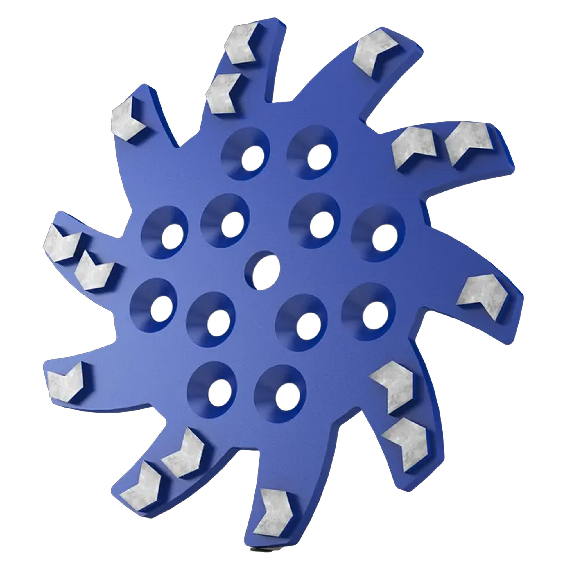 Ein blauer Schleifaufsatz in Sternform mit mehreren Löchern und Kanten, die mit einer silbernen Beschichtung versehen sind. Der Aufsatz ist für die Verwendung mit Werkzeugen zum Schleifen oder Polieren vorgesehen.
