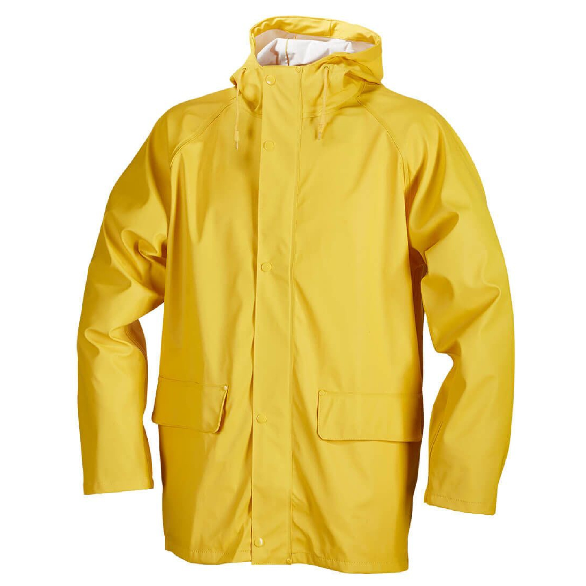 Eine gelbe Regenjacke aus wasserabweisendem Material. Sie hat einen Reißverschluss und Druckknöpfe sowie eine Kapuze. Zwei aufgesetzte Taschen befinden sich auf Hüfthöhe. Die Jacke ist ideal für nasses Wetter und bietet Schutz vor Regen.