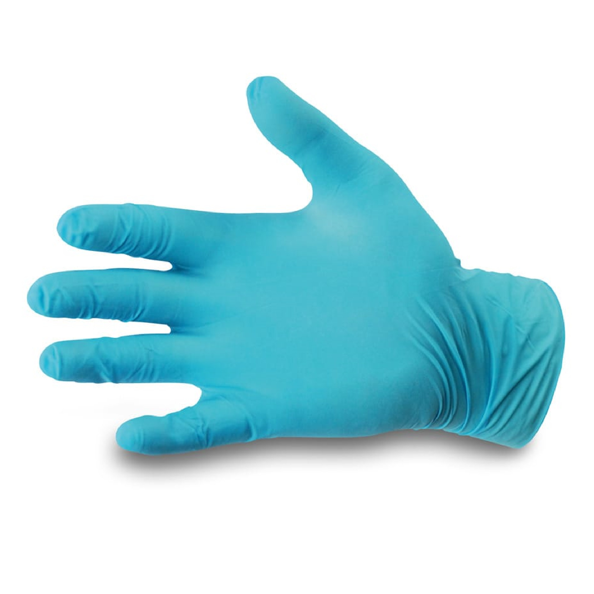 Ein einzelner blauer, medizinischer Handschuh liegt flach auf einem weißen Hintergrund. Der Handschuh ist auf eine Handform ausgezogen, wobei alle fünf Finger sichtbar sind.