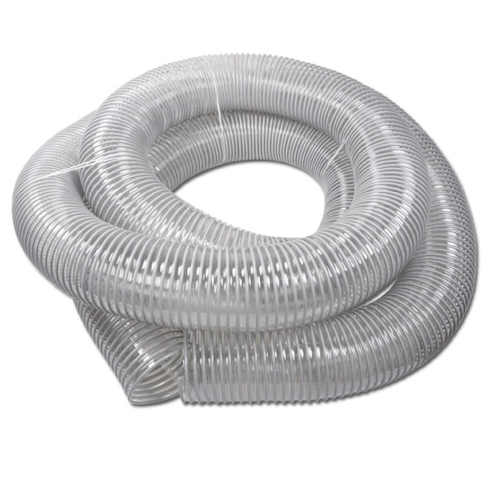 Ein klarer, flexibler Schlauch ist zu einer spiralförmigen Rolle gewickelt. Die Oberfläche ist rippig, wodurch der Schlauch eine gute Griffigkeit bietet. Er eignet sich für verschiedene Anwendungen wie Luft- oder Flüssigkeitszufuhr in verschiedenen Geräten.