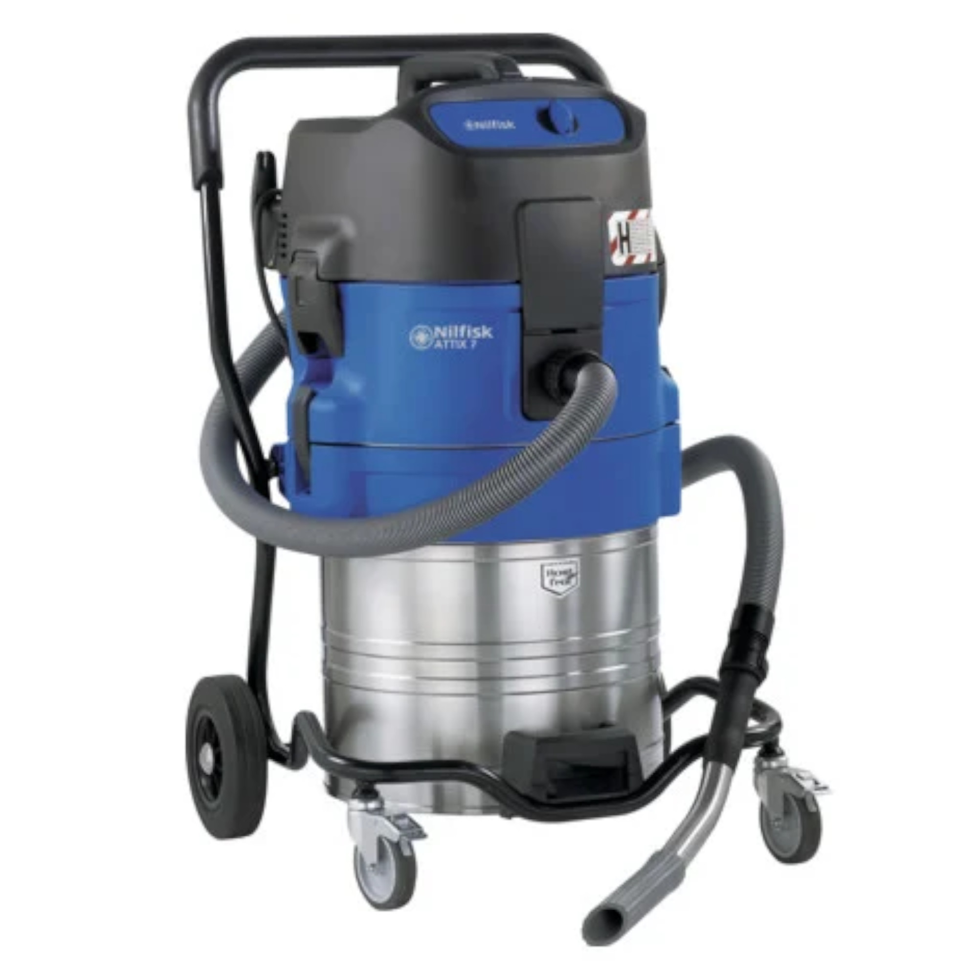 Ein blauer Industriestaubsauger mit einem metallenen Behälter steht auf Rädern. Der Schlauch ist seitlich angebracht, und der Staubsauger hat einen ergonomischen Griff. Er eignet sich für den Einsatz in Werkstätten oder Baustellen zur effektiven Reinigung.