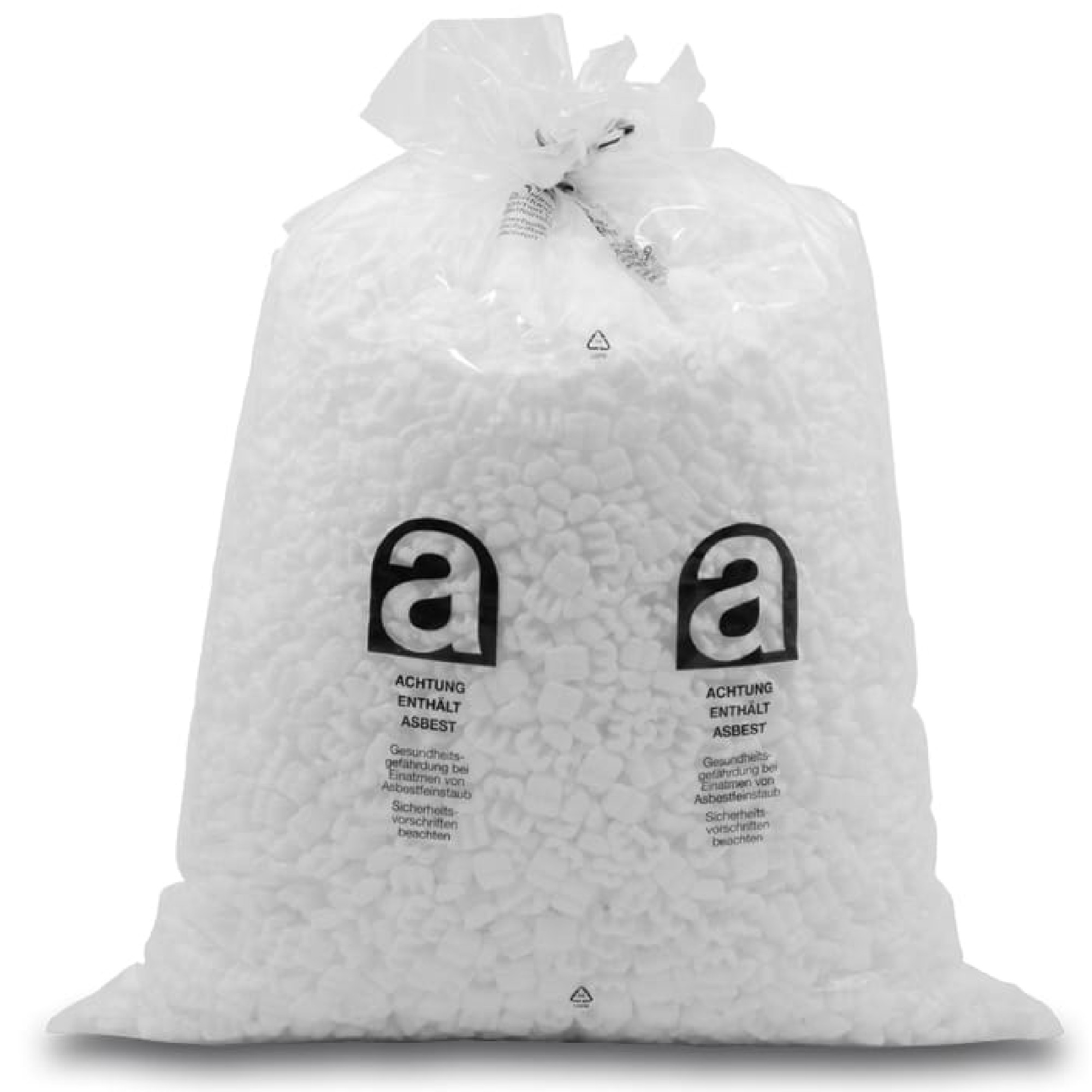 Ein transparenter, ca. 110 my starker LDPE-Sack (90x130 cm) mit einem Volumen von 210 Litern. Er ist beidseitig mit einem einfarbigen Asbest-Aufdruck versehen, der zur sicheren Entsorgung von asbesthaltigen Abfällen dient.