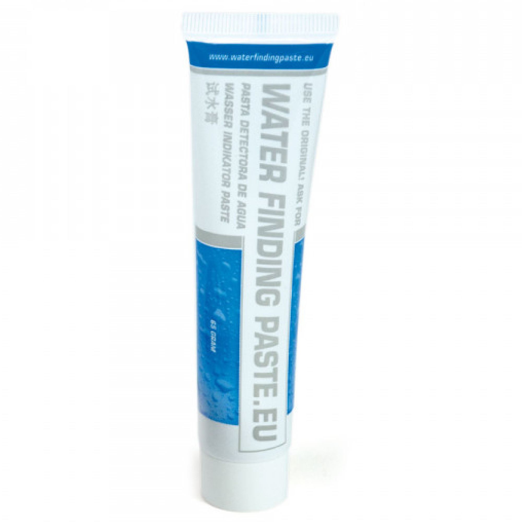 Eine Tube Wasserfindepaste in hellblauer und weißer Verpackung. Auf der Tube steht "WATER FINDING PASTE" und Informationen in mehreren Sprachen. Die Tube hat eine Größe von 65 Gramm und ist für die Untersuchung von Wasser gedacht.