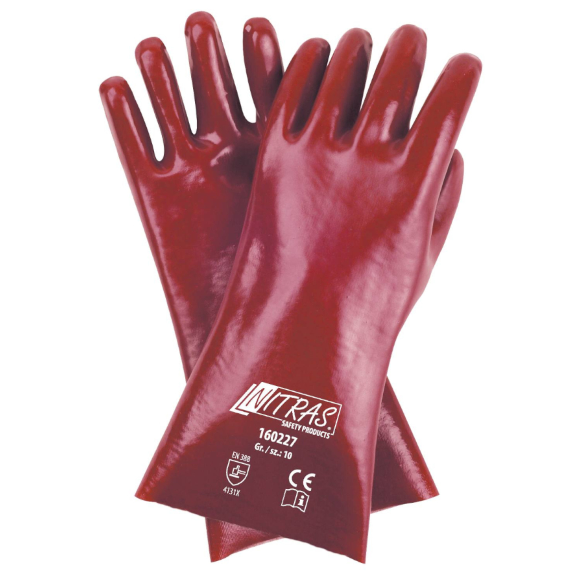 Zwei rote Gummihandschuhe liegen übereinander. Die Handschuhe sind lang und glänzend, designed für den Einsatz im Sicherheits- und Industriebereich. Am Handgelenk sind Sicherheits- und Größenangaben sichtbar.