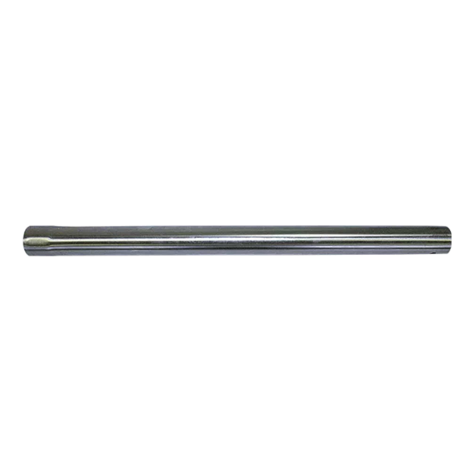 Ein glatter, silberfarbener Metallstab liegt horizontal auf einem weißen Hintergrund. Der Stab hat an beiden Enden eine abgerundete Form und ist durchgehend und gleichmäßig in der Dicke.