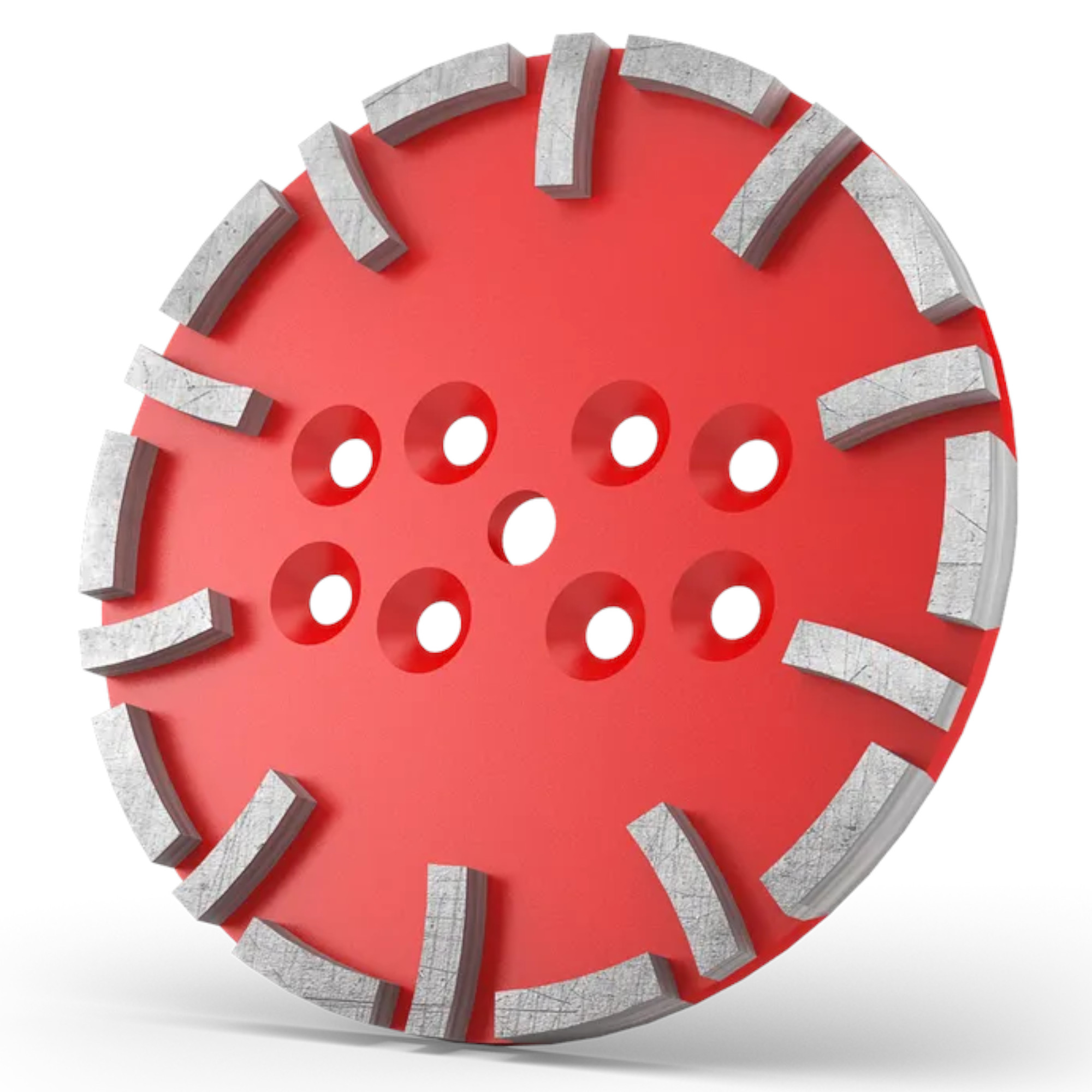 Eine rote Diamantscheibe mit grauen Segmenten und mehreren Löchern in der Mitte. Die Struktur ist robust, mit einer flachen, runden Form. Die Scheibe wird häufig in der Bau- und Renovierungsbranche für das Schneiden von Materialien verwendet.