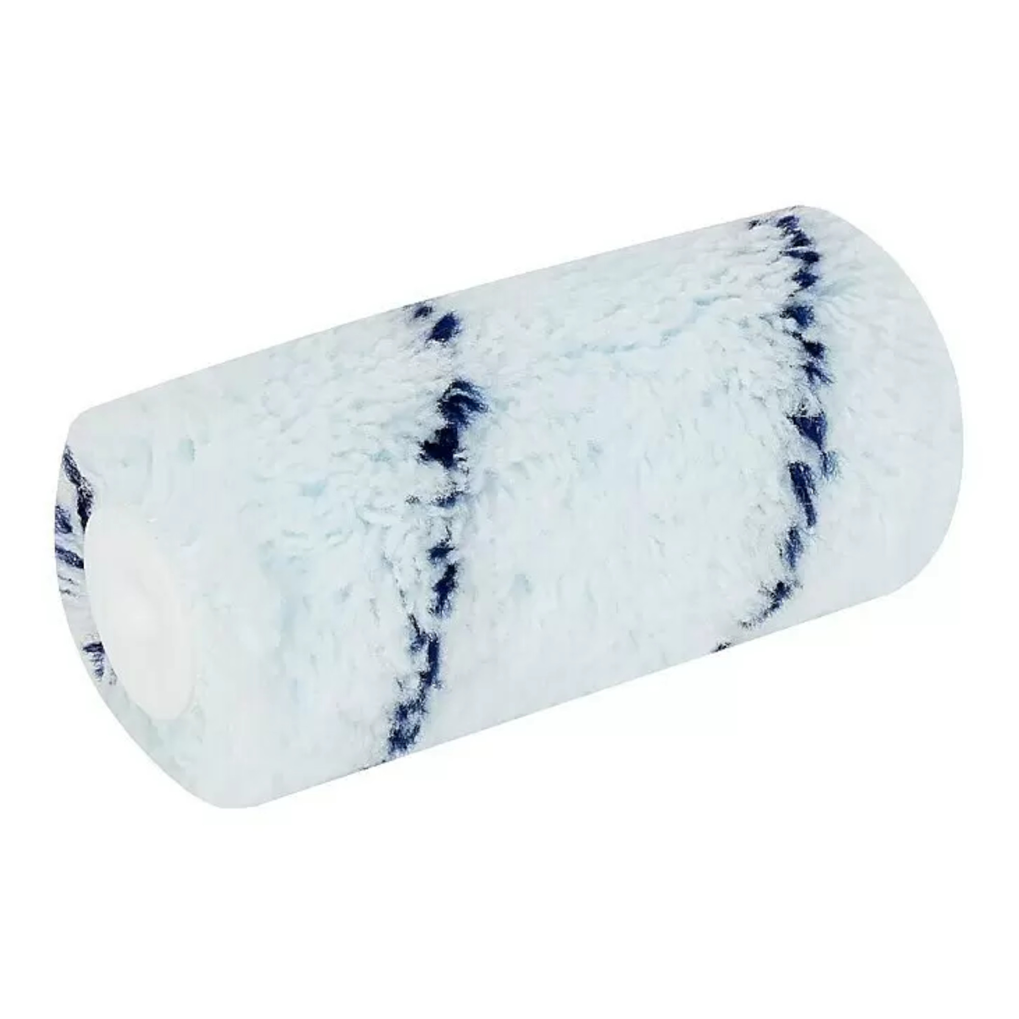 Ein runder, weicher Malerroller in Hellblau mit blauen Streifen. Der Roller ist auf einem weißen Hintergrund platziert und hat an beiden Enden eine runde, glatte Oberfläche. Ideal für gleichmäßiges Streichen von Wänden und Decken.