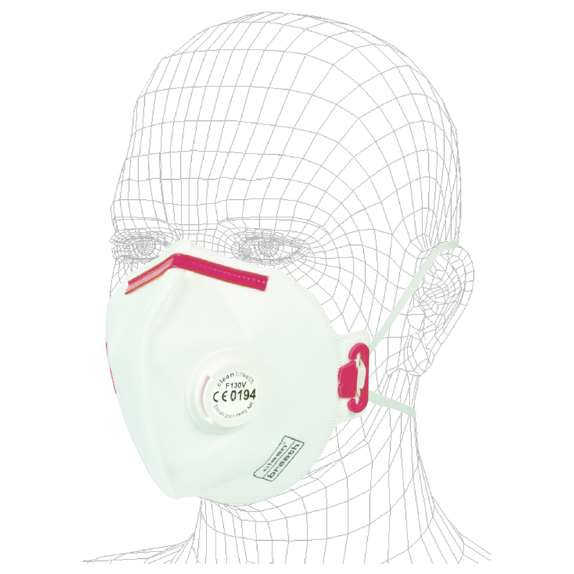 Atemschutzmaske mit Ausatemventil, weiß-pink, auf Drahtgitter-Kopfmodell