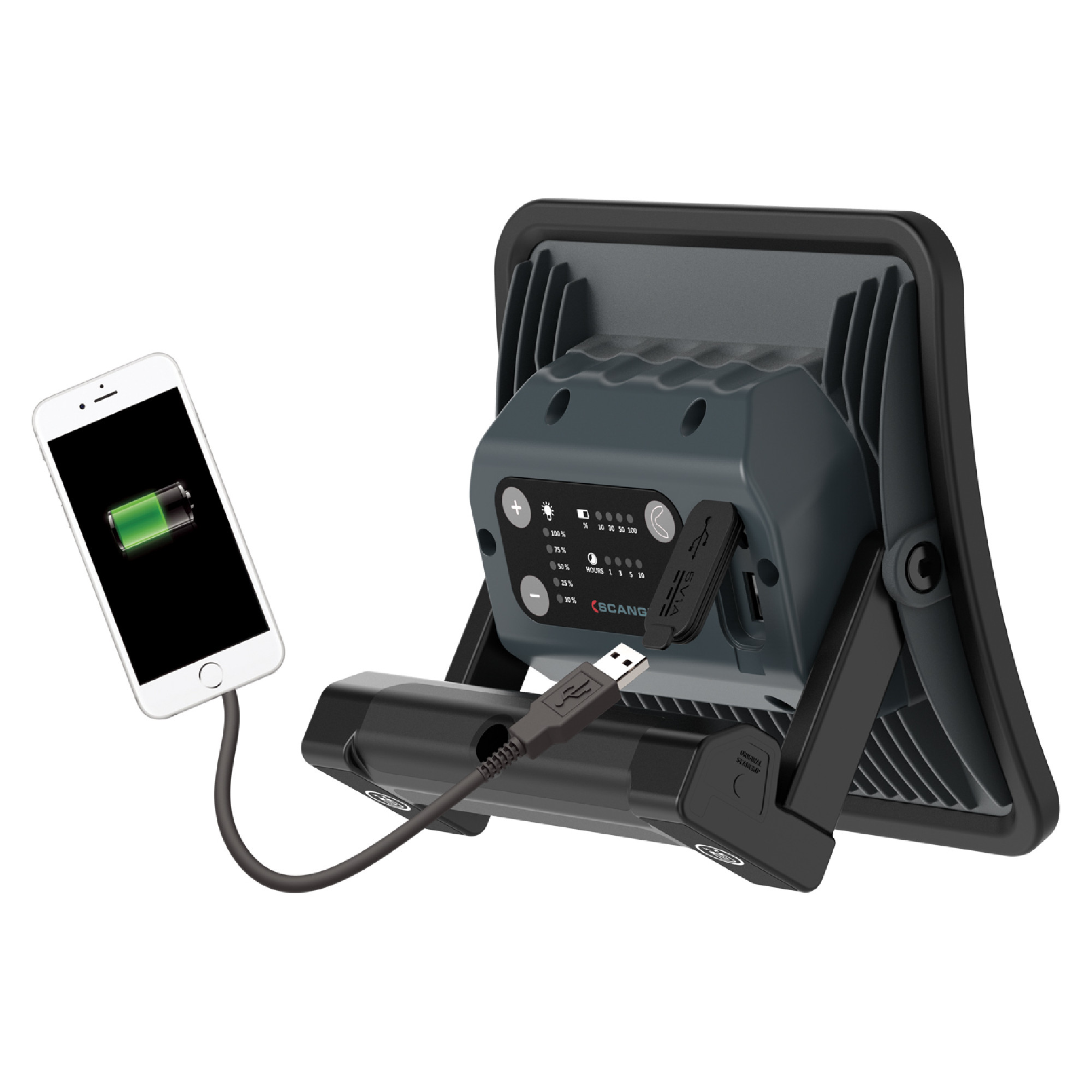 Das Bild zeigt ein tragbares Ladegerät mit einem angeschlossenen Smartphone, das anzeigt, dass der Akku aufgeladen wird. Das Ladegerät hat Tasten und eine Anzeige für den Akkustand. Ein USB-Kabel verbindet das Ladegerät mit dem Smartphone.