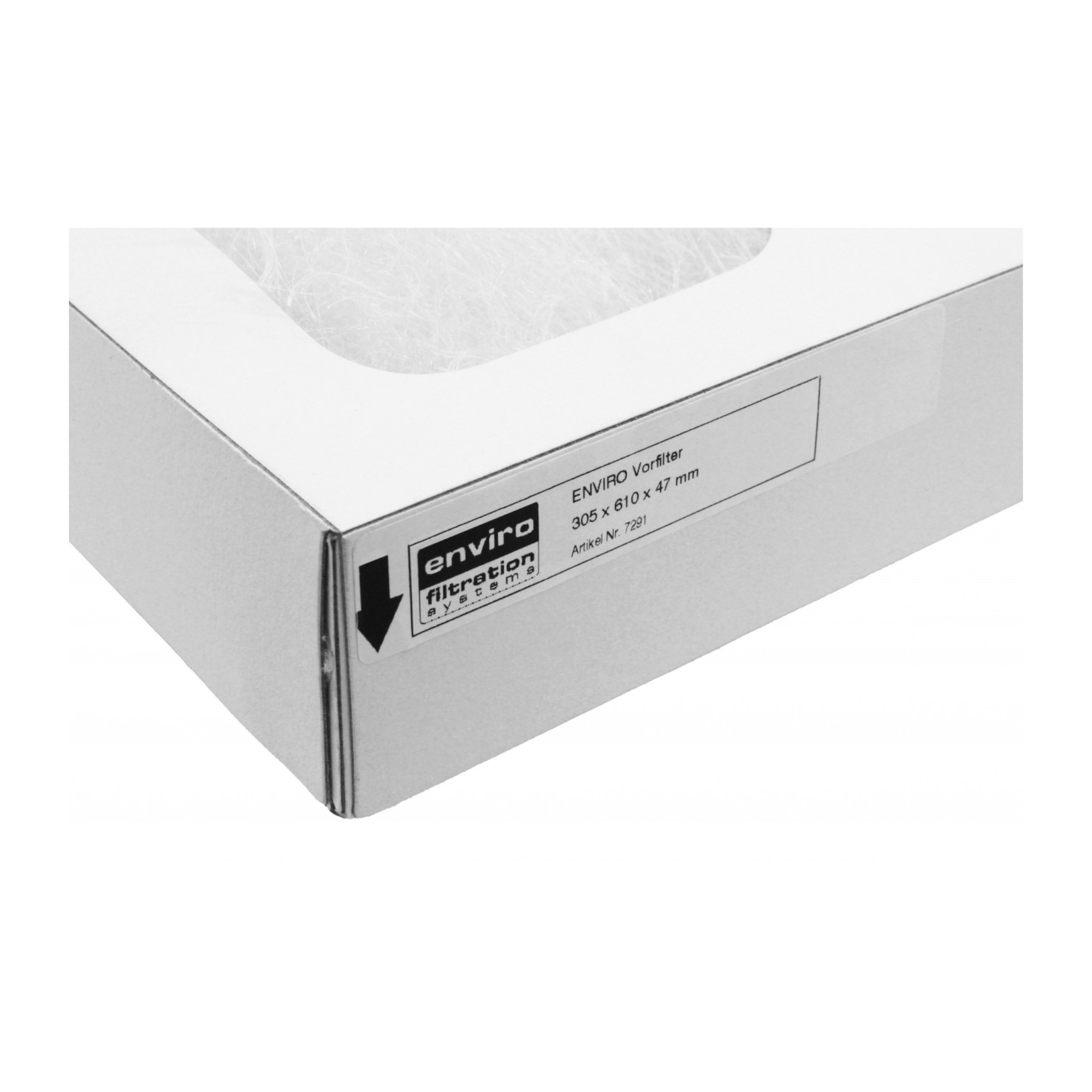 Eine Verpackung mit einem Vorfilter namens "ENVIRO". Die Abmessungen sind 305 x 610 x 47 mm. Das Etikett enthält Informationen zur Verwendung und Artikelnummer. Der Filter scheint für ein Filtrationssystem konzipiert zu sein.