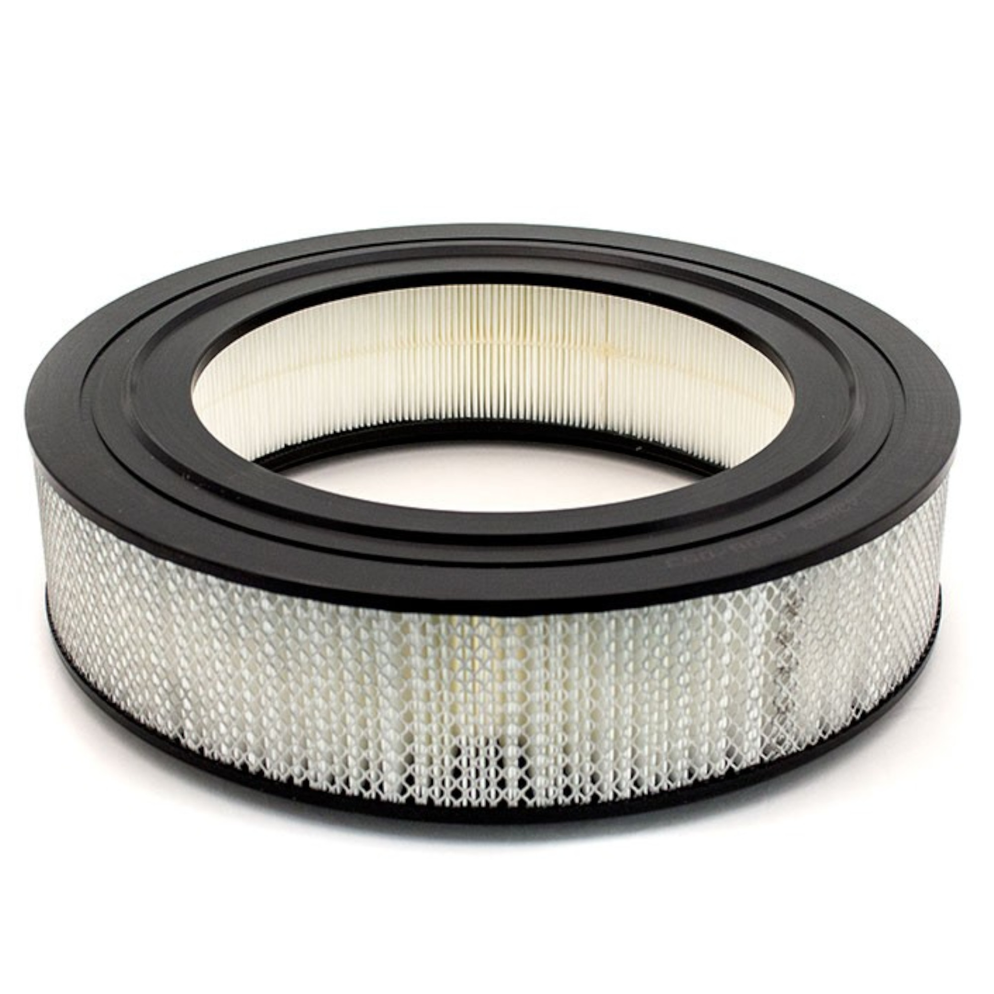 Ein runder Luftfilter mit einem schwarzen Rahmen und einem inneren Kern aus dichtem, weißem Material. Die Filteroberfläche hat eine strukturierte, gefaltete Anordnung, die eine effektive Filtration von Luftpartikeln ermöglicht. Der Filter hat eine kreisförmige Form, ideal für verschiedene Anwendungen.