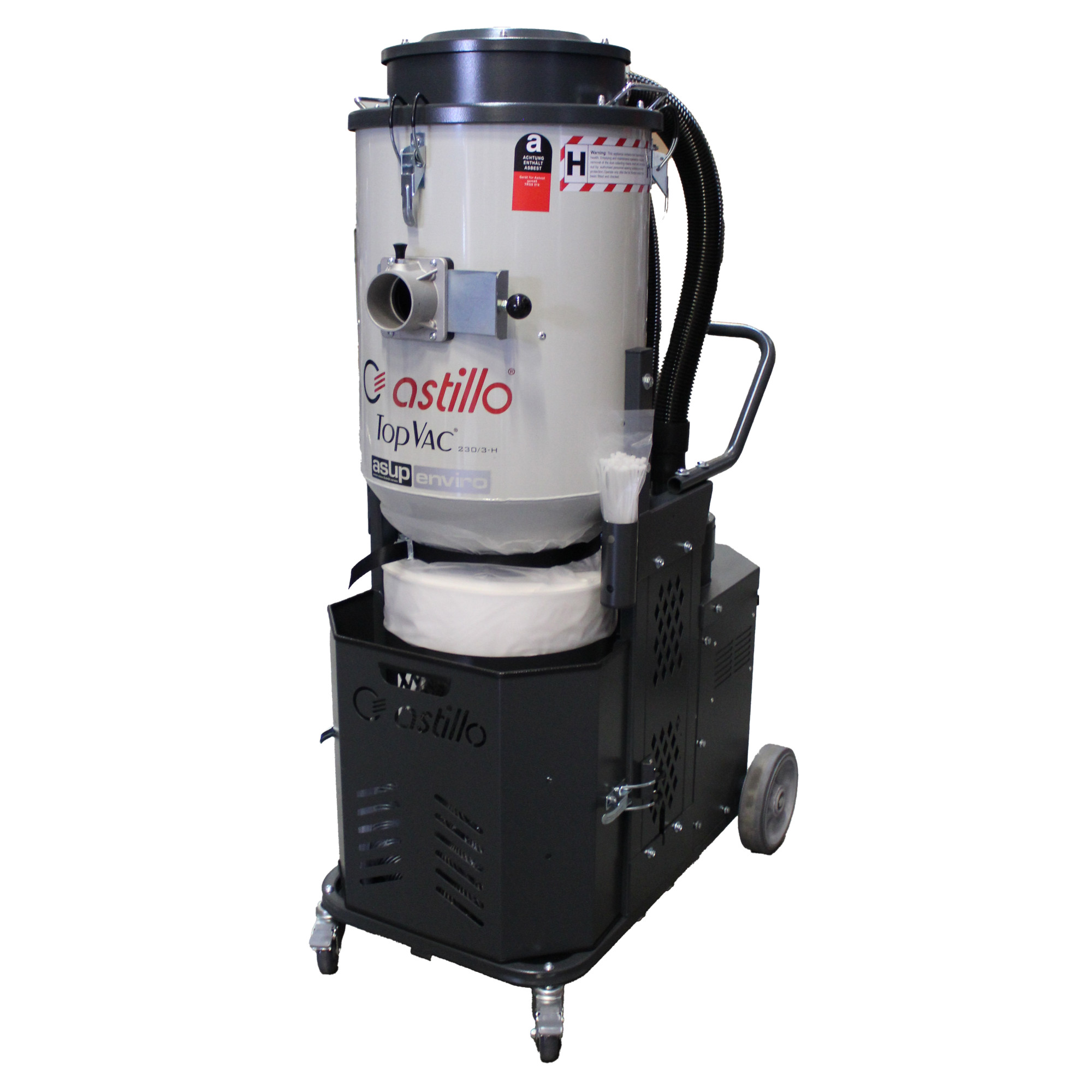 Industriesauger Astillo TopVac 230/3-H von asup enviro in Weiß-Schwarz mit zylindrischem Filtergehäuse, Saugschlauch und fahrbarem Grundgestell, freigestellt auf weißem Hintergrund.