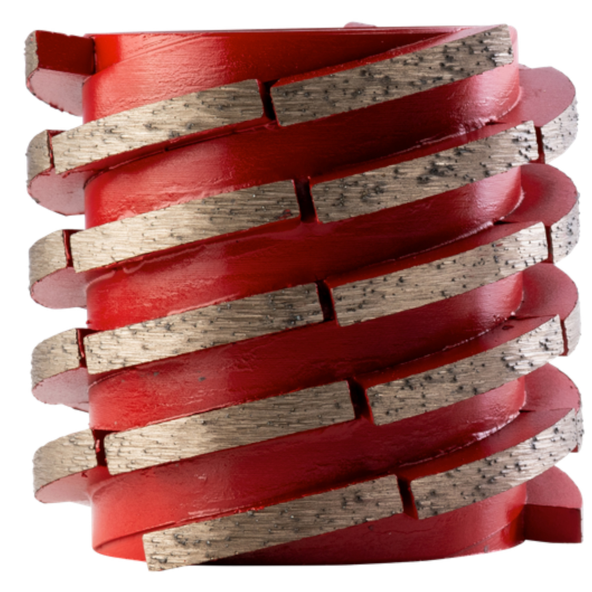 Ein roter Werkzeugaufsatz mit spiralförmigen Kanten und metallischen Einsätzen. Der Aufsatz zeigt eine gewundene Struktur, die typischerweise zum Fräsen oder Bearbeiten von Materialien verwendet wird. Die Kanten sind leicht abgenutzt, was auf vorherige Nutzung hinweist.