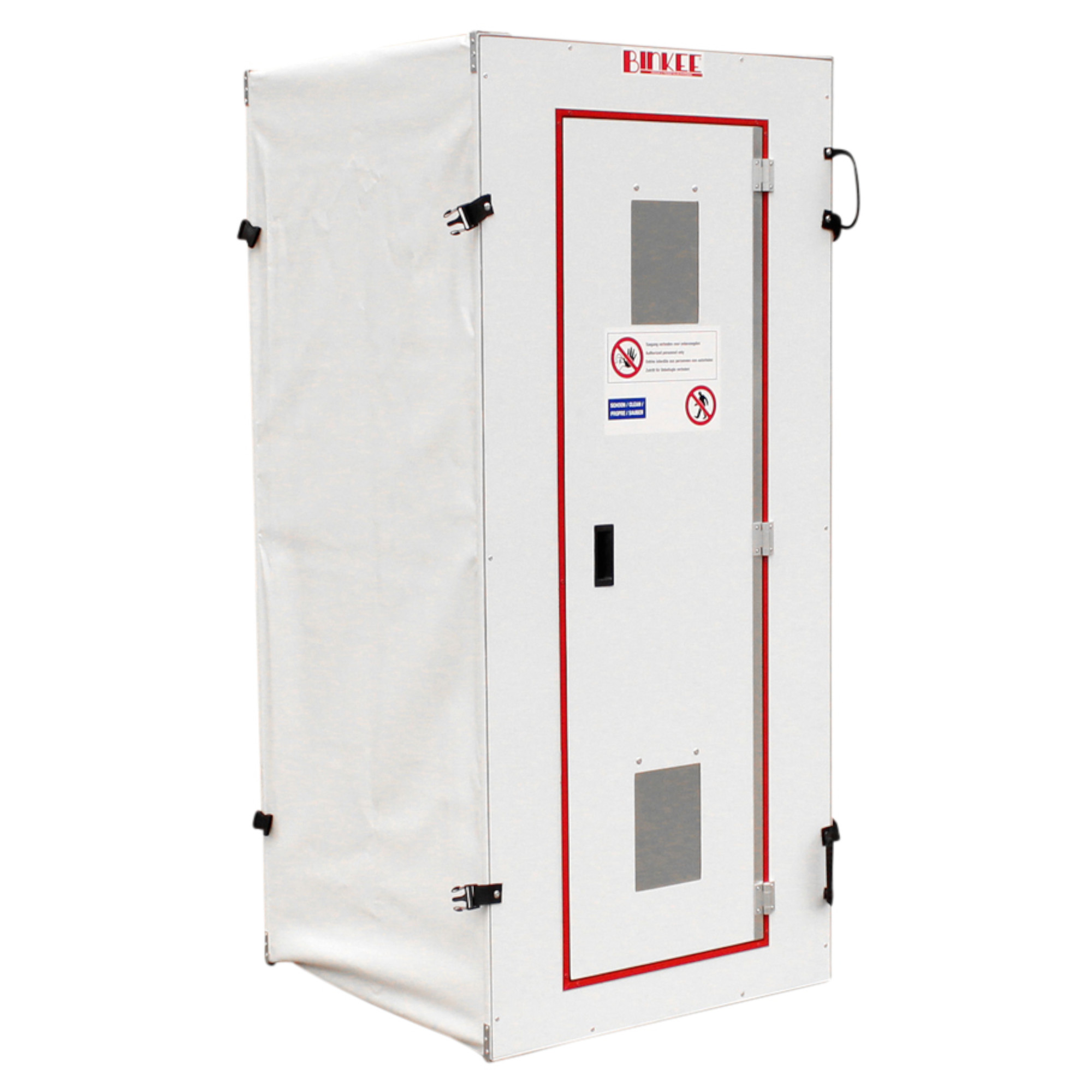 Binkee Dekontaminationsschleuse aus weißem PVC mit roter TürrahmungBinkee Dekontaminationsschleuse aus weißem PVC mit roter Türrahmung