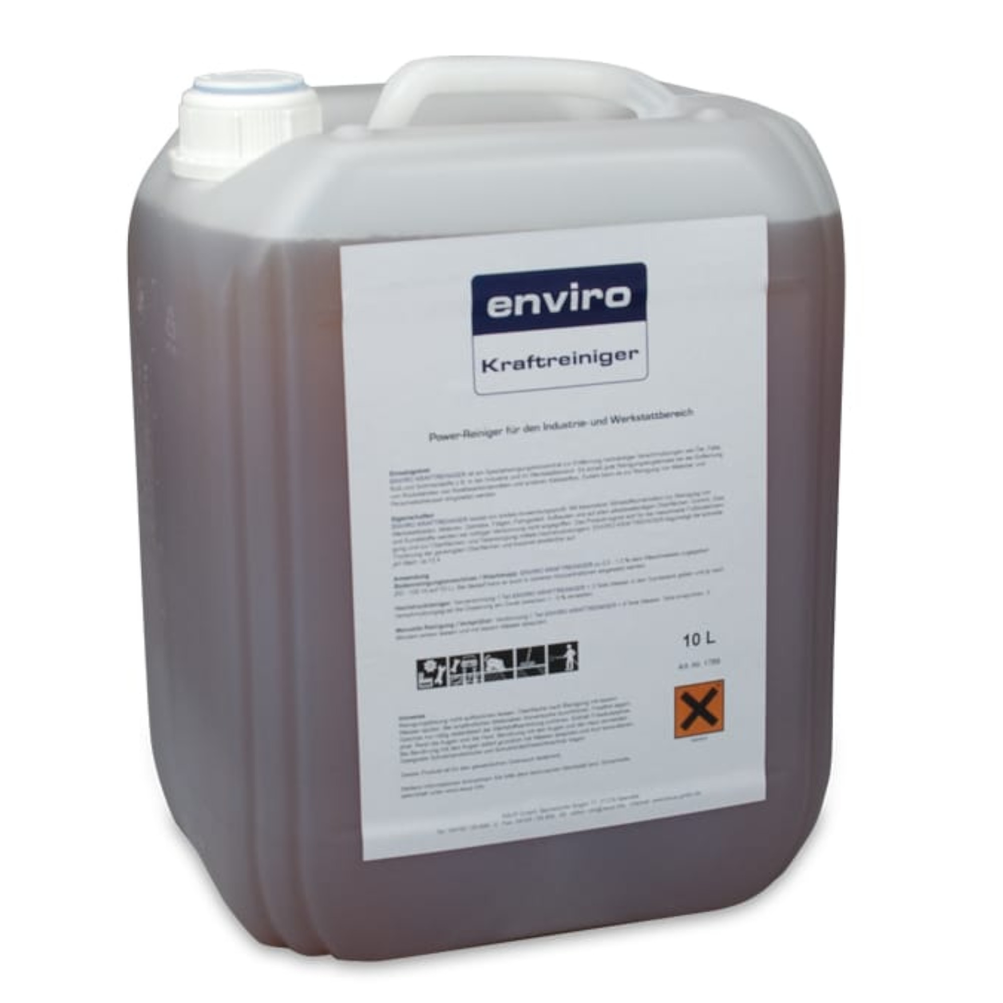10-Liter-Kunststoffkanister „enviro Kraftreiniger“ mit Etikett, Warnsymbolen und Hinweisen