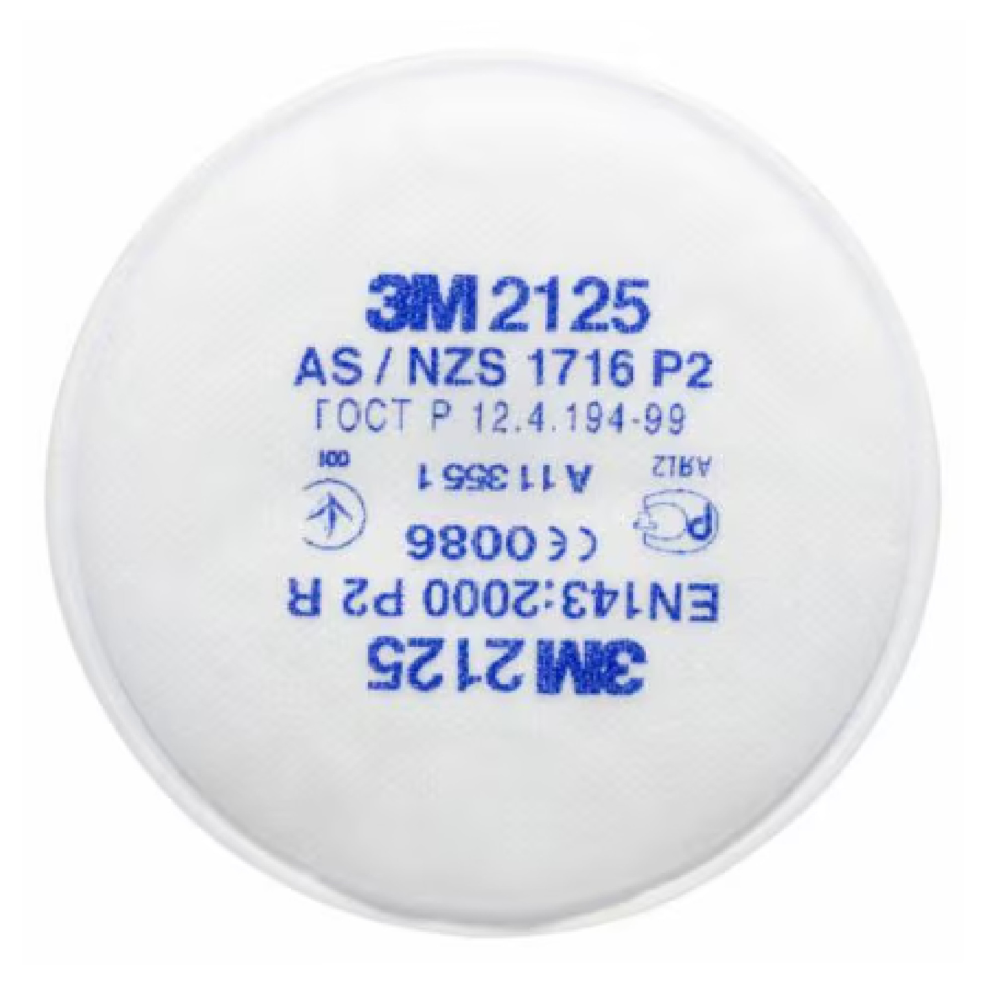 Weißer Atemschutzfilter mit der Bezeichnung "3M 2125". Auf der Oberfläche sind verschiedene Zertifizierungen und Normen aufgedruckt, darunter AS/NZS 1716 P2. Der Filter ist rund und weist eine glatte Textur auf.