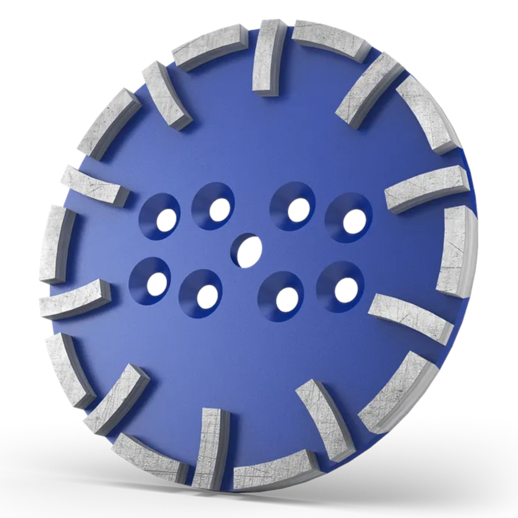 Die Abbildung zeigt eine blaue Diamantschleifscheibe mit mehreren geschliffenen Kanten und Löchern in der Mitte. Sie wird häufig in der Bau- und Renovierungsbranche zum Schleifen und Bearbeiten von Materialien eingesetzt.