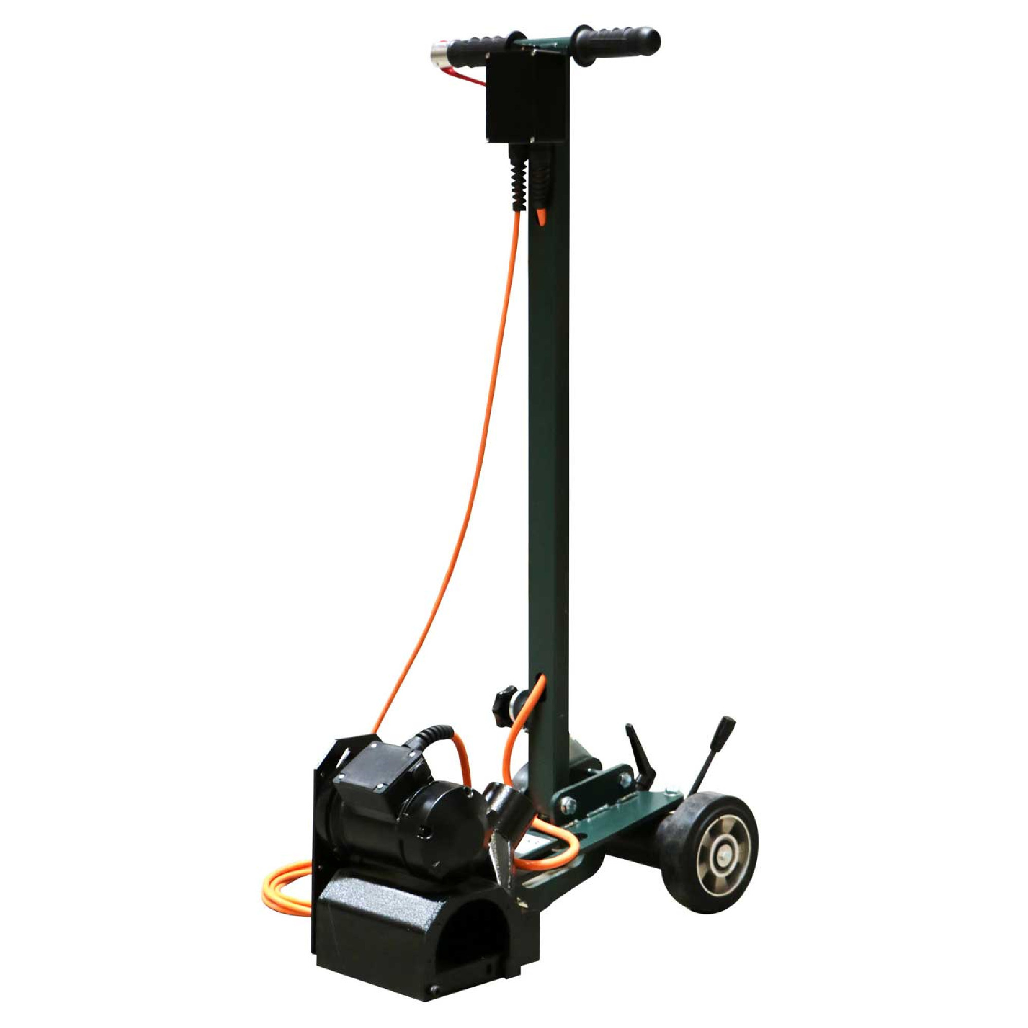 Ein elektrischer Handwagen mit einem langen, vertikalen Griff und zwei Rädern. An der Basis befindet sich ein Motor und eine orangefarbene Kabelverbindung. Das Gerät wird häufig für den Transport von schweren Lasten verwendet.