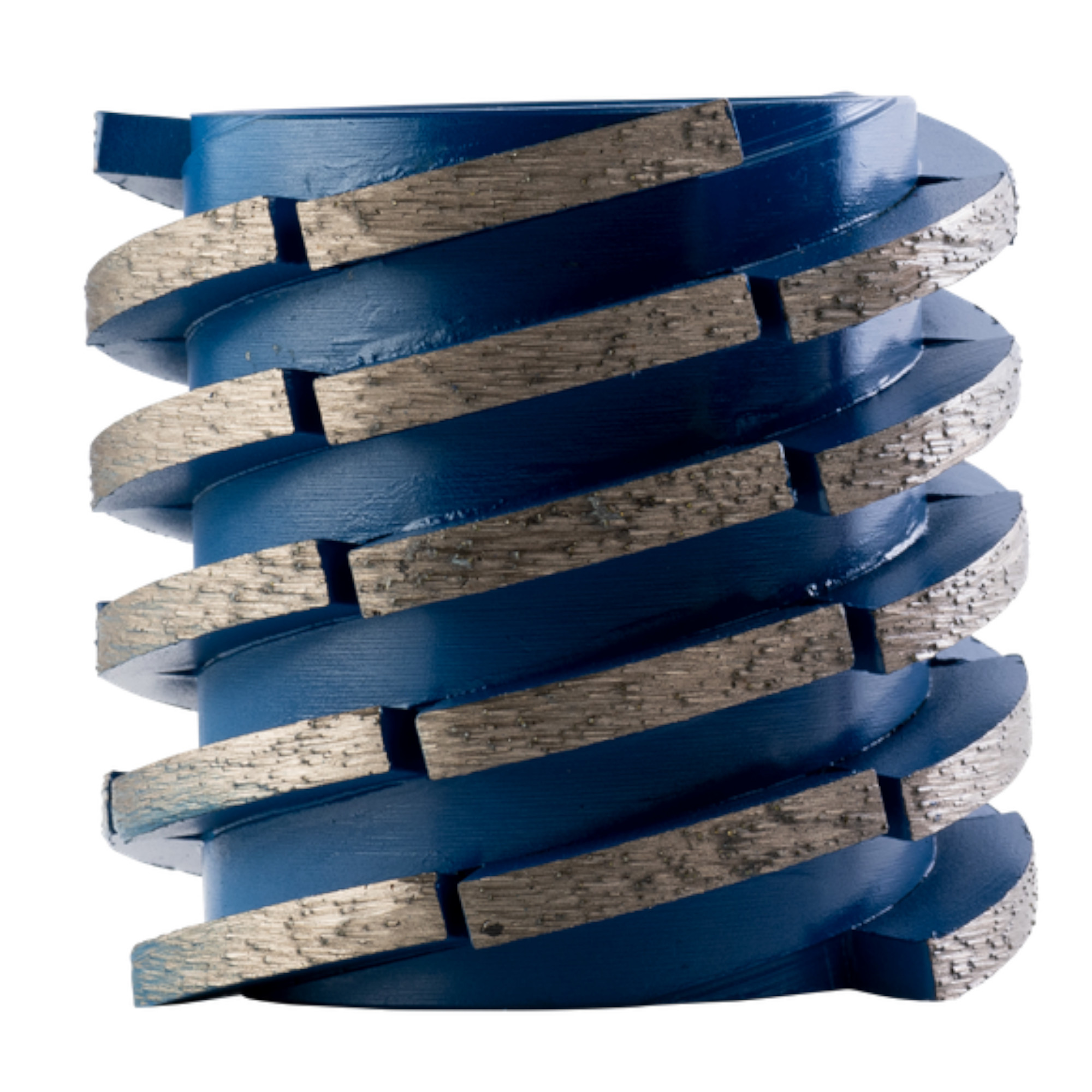 Ein spiralförmiges Werkzeug mit blauer Oberfläche und metallischen Einsätzen. Die Form ist geschichtet und zeigt eine wellenartige Struktur, die typisch für Fräs- oder Schneidwerkzeuge ist. Es scheint für industrielle Anwendungen konzipiert zu sein.
