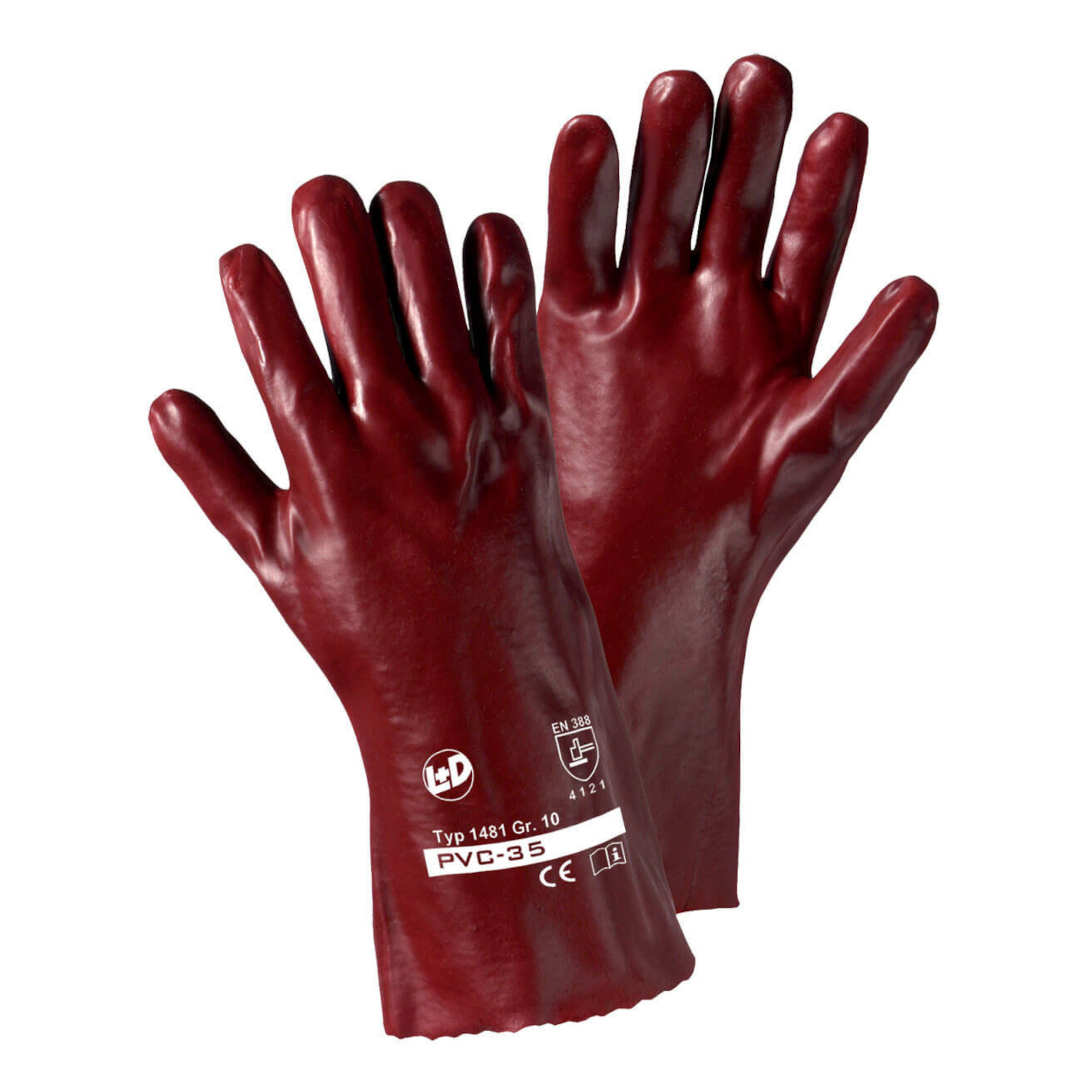 Zwei rote PVC-Handschuhe liegen nebeneinander. Sie sind im Arbeitsbereich einsatzbereit und bieten Schutz. Auf der Innenseite sind Angaben zu Sicherheit und Normen aufgedruckt. Die Handschuhe sind für den Einsatz in verschiedenen industriellen Anwendungen geeignet.