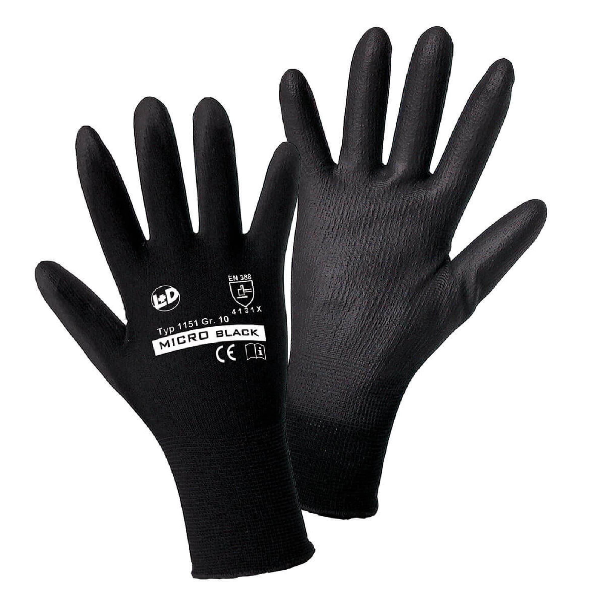 Zwei schwarze Arbeitshandschuhe sind auf einem weißen Hintergrund abgebildet. Die Handschuhe sind eng anliegend und haben eine strukturierte Oberfläche. Auf der Innenseite sind Symbole und ein Markenname aufgedruckt. Sie sind für den Schutz der Hände bei verschiedenen Arbeiten konzipiert.