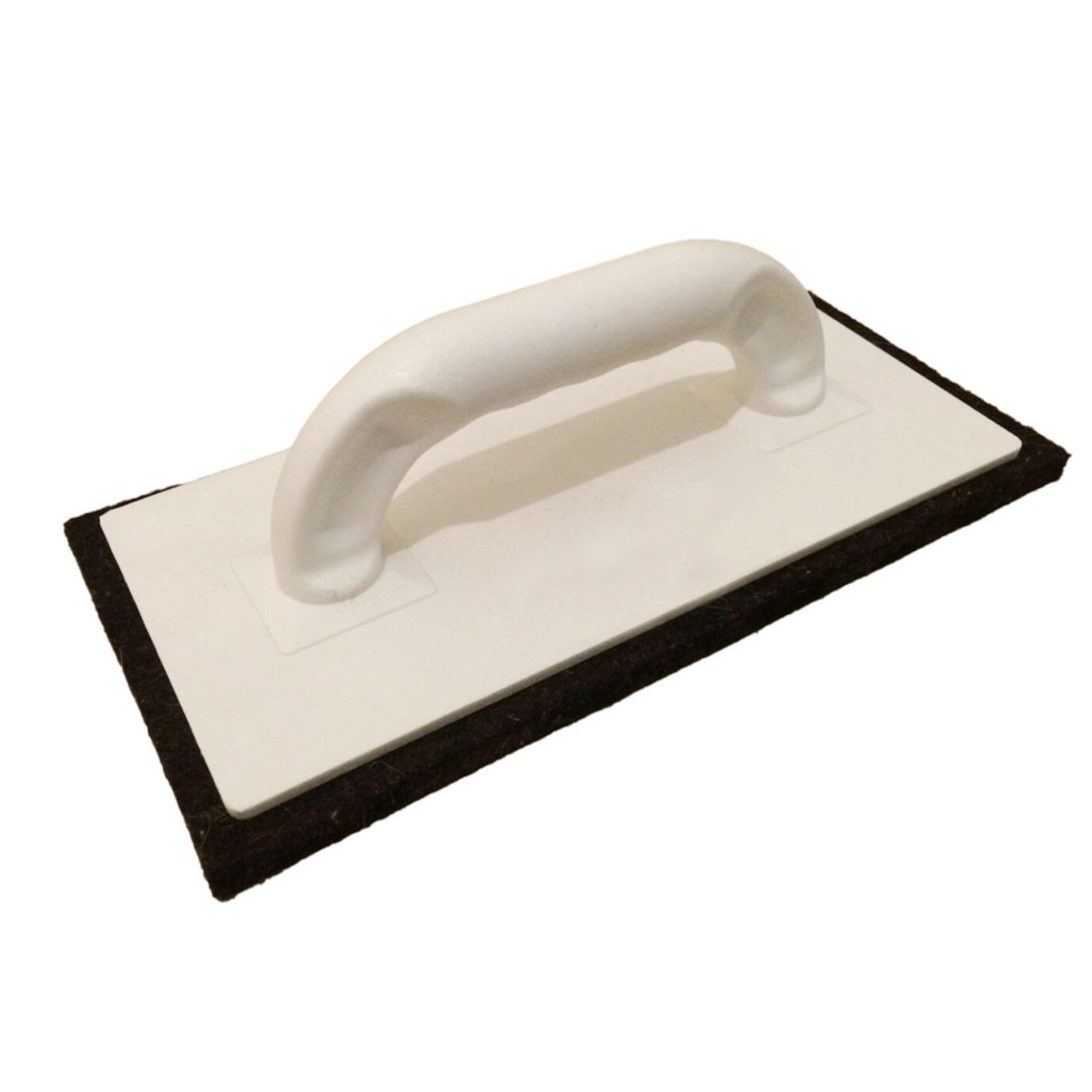 Eine Kelle mit einem weißen Griff und einer flachen Arbeitsfläche, die an der Unterseite aus schwarzem Material besteht. Die Kelle wird häufig im Bauwesen oder Handwerk verwendet, um Materialien gleichmäßig zu verteilen oder zu glätten.