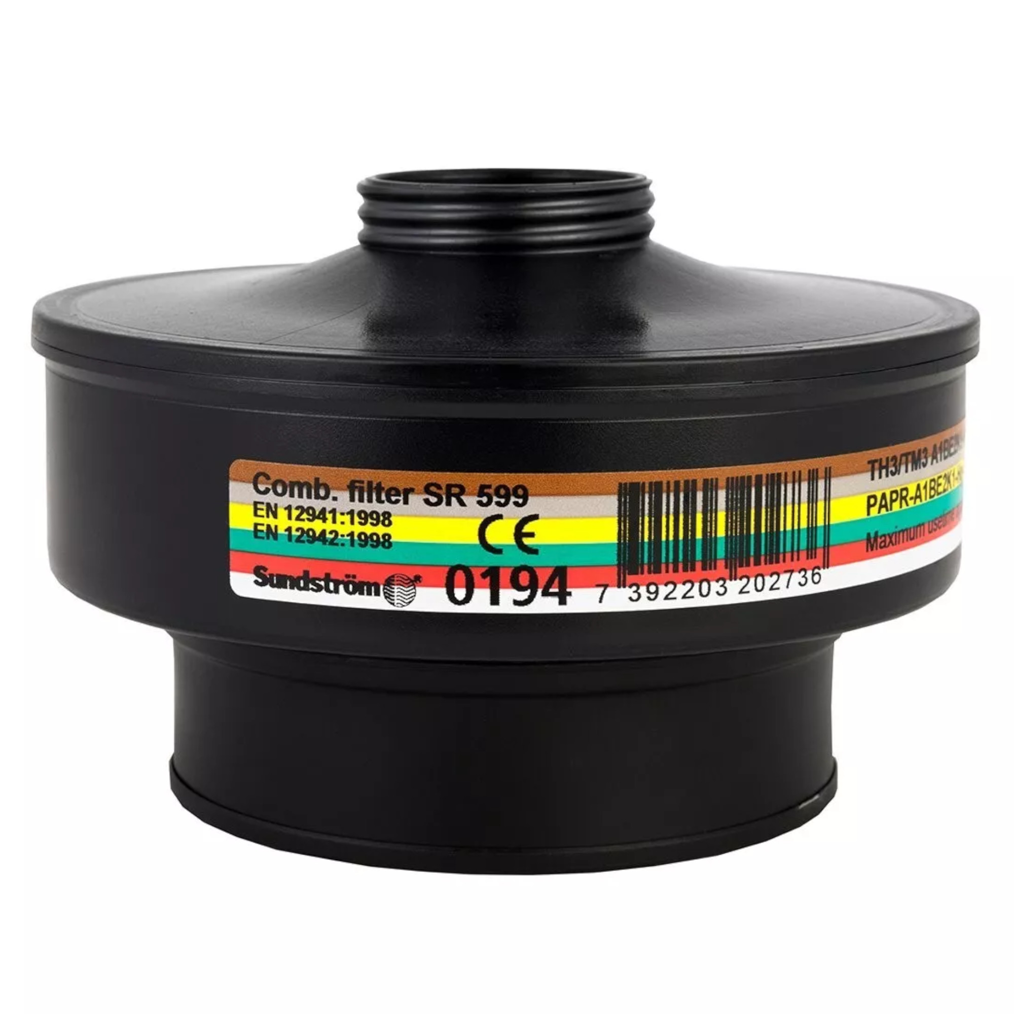 Bildbeschreibung: Ein runder, schwarzer Kombinationsfilter mit einer Öffnung an der Spitze. Auf der Seite sind Informationen wie die Modellbezeichnung "Comb. filter SR 599", CE-Kennzeichnung und ein Barcode abgedruckt. Der Filter ist für Atemschutzgeräte gedacht.