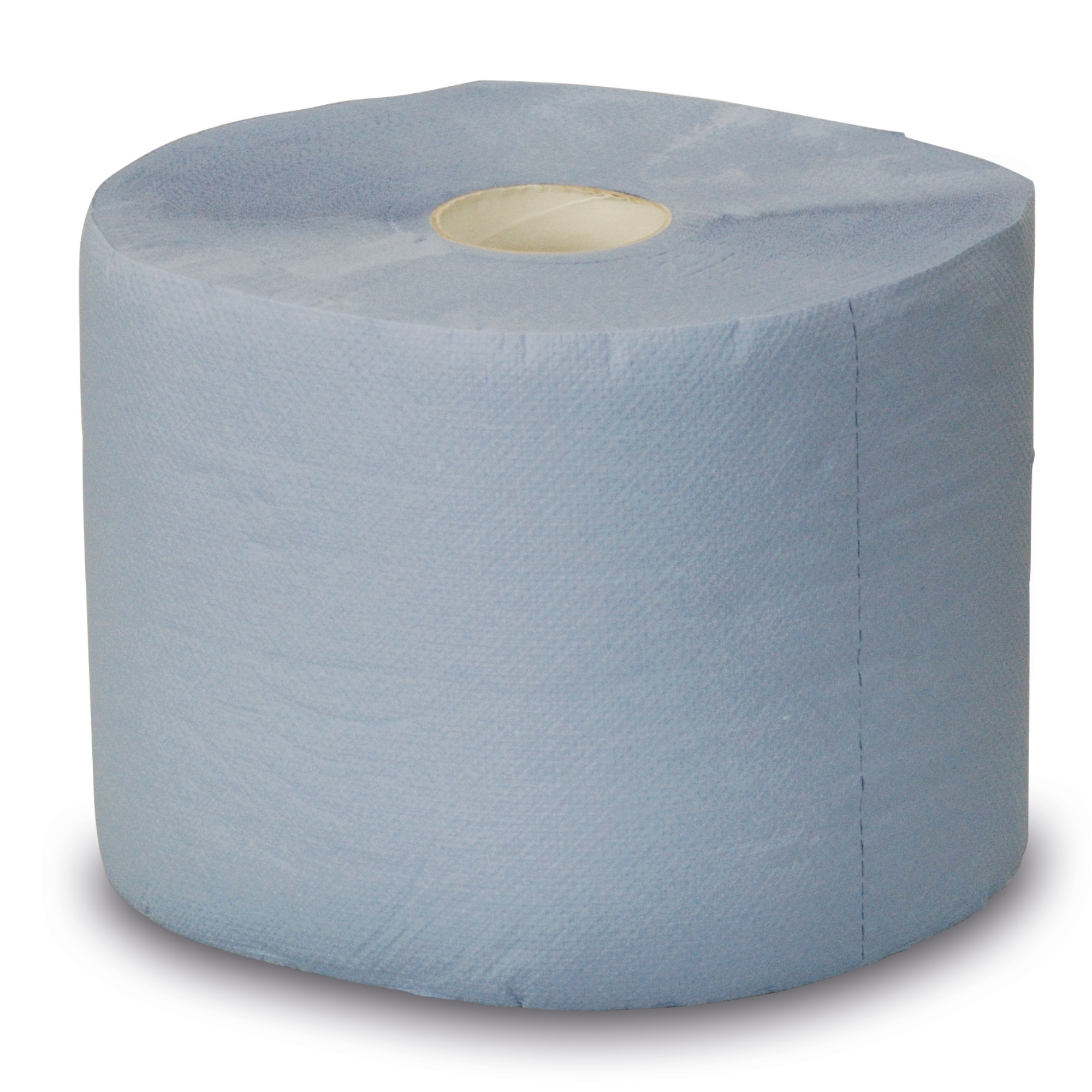 Blaue Mehrzweck-Putzpapierrolle aus Zellstoff für Industrie und Werkstatt, freigestellt auf weißem Hintergrund.