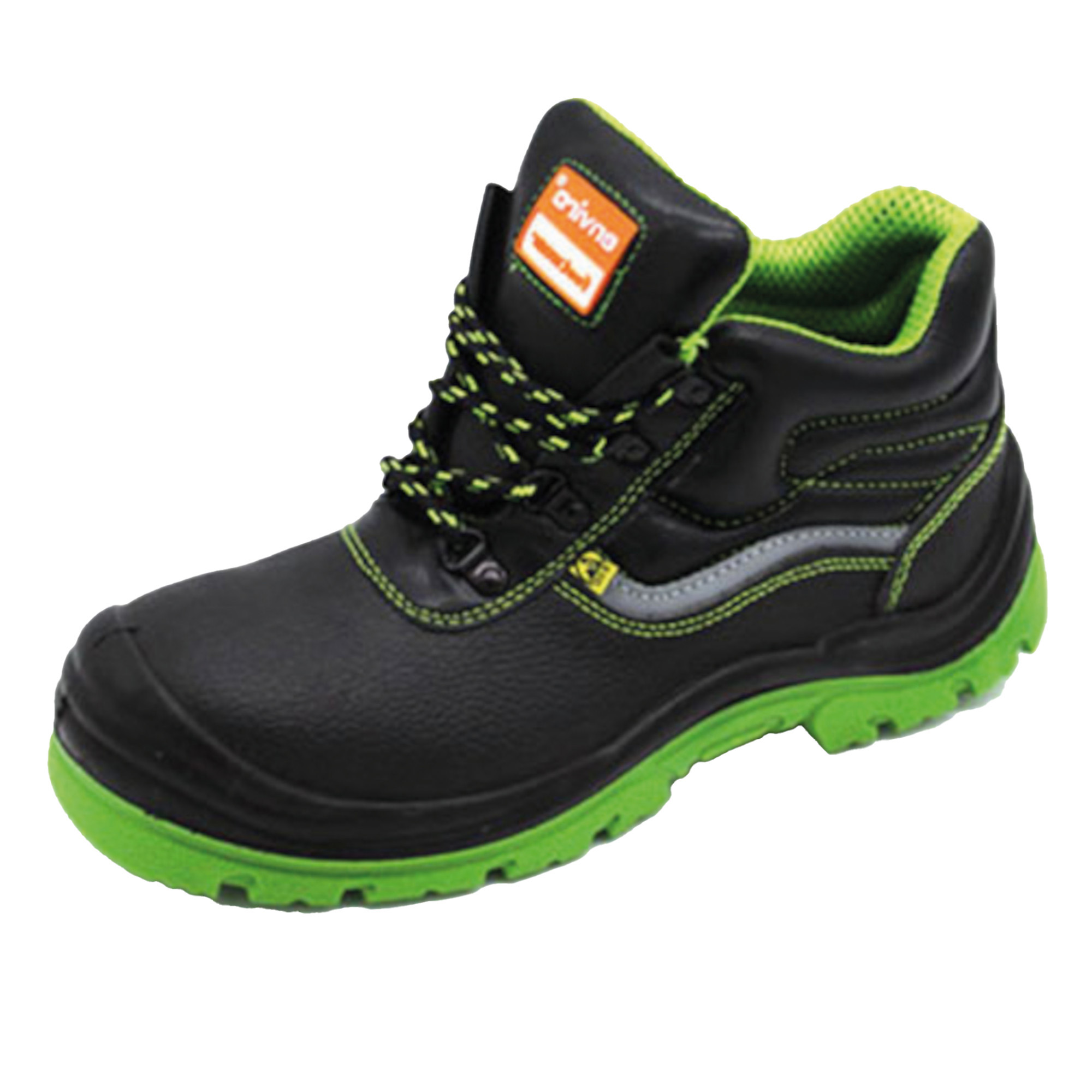 Ein schwarzer Sicherheitsstiefel mit grünen Sohlen und Schnürsenkeln. Die Stiefel haben eine verstärkte Zehenkappe und ein gepolstertes Bündchen. Auf der Vorderseite befindet sich das Logo "Driving". Der Schuh eignet sich für Arbeitsumgebungen und bietet zusätzlichen Schutz.