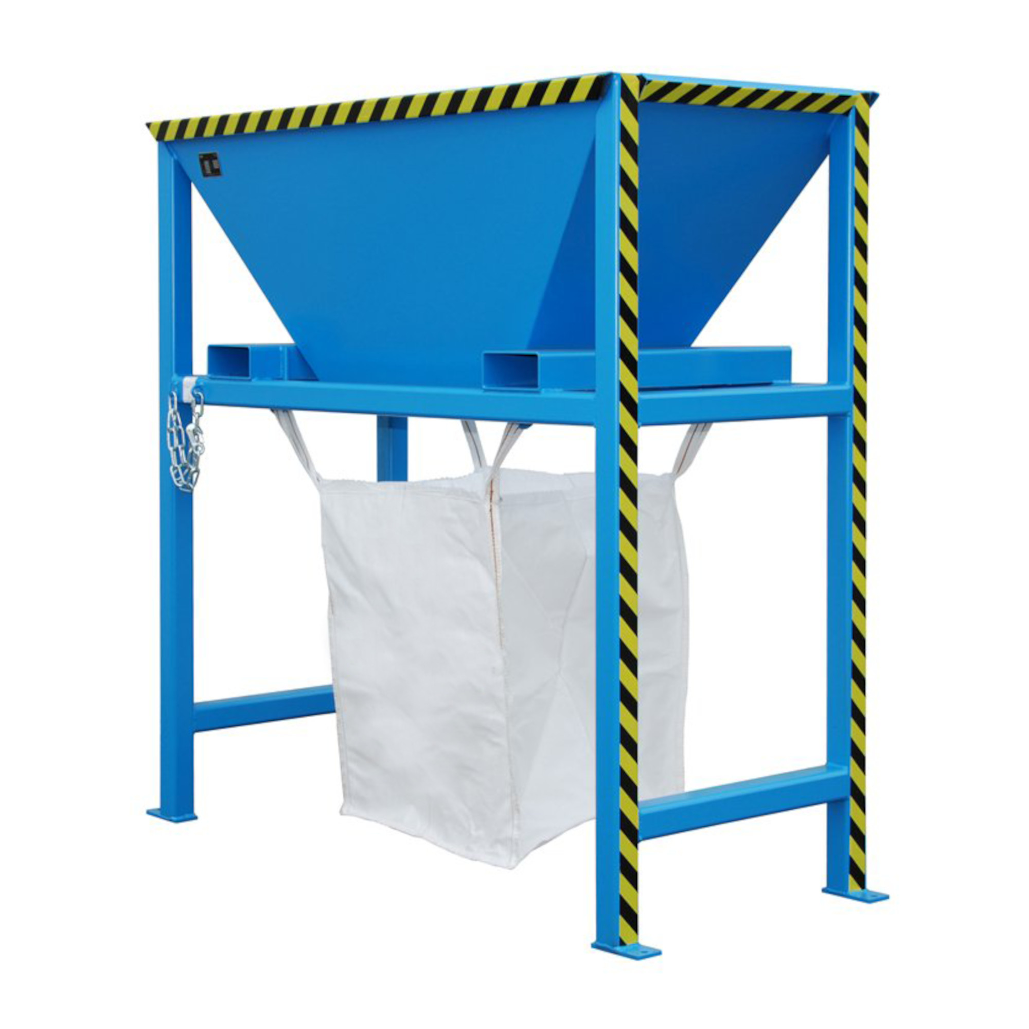 Eine blaue, trapezförmige Behälterplattform mit einer offenen Oberseite, auf einem stabilen Gestell. Die Vorderseite ist mit gelben und schwarzen Sicherheitsstreifen markiert. Der Behälter dient möglicherweise zum Befüllen von Materialien, erhöht über dem Boden für einfachen Zugang