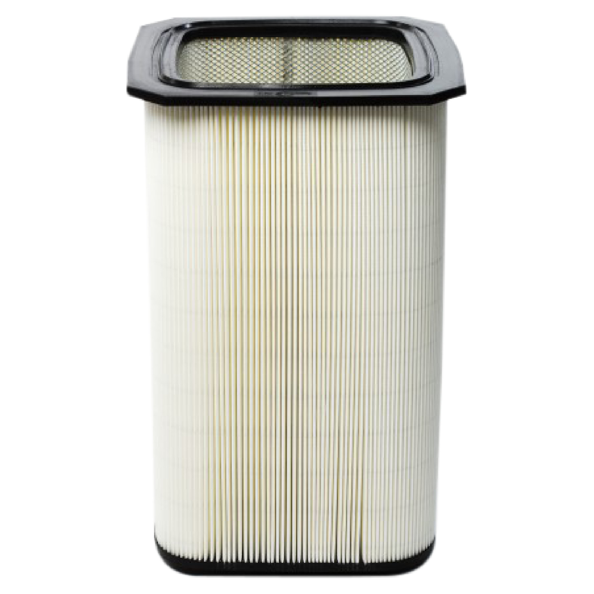 Der Bildinhalt zeigt einen rechteckigen Luftfilter mit einem hohen, gefalteten Papierdesign. Der Filter hat einen schwarzen Rahmen und ist so konstruiert, dass er Schmutz und Partikel aus der Luft entfernt.
