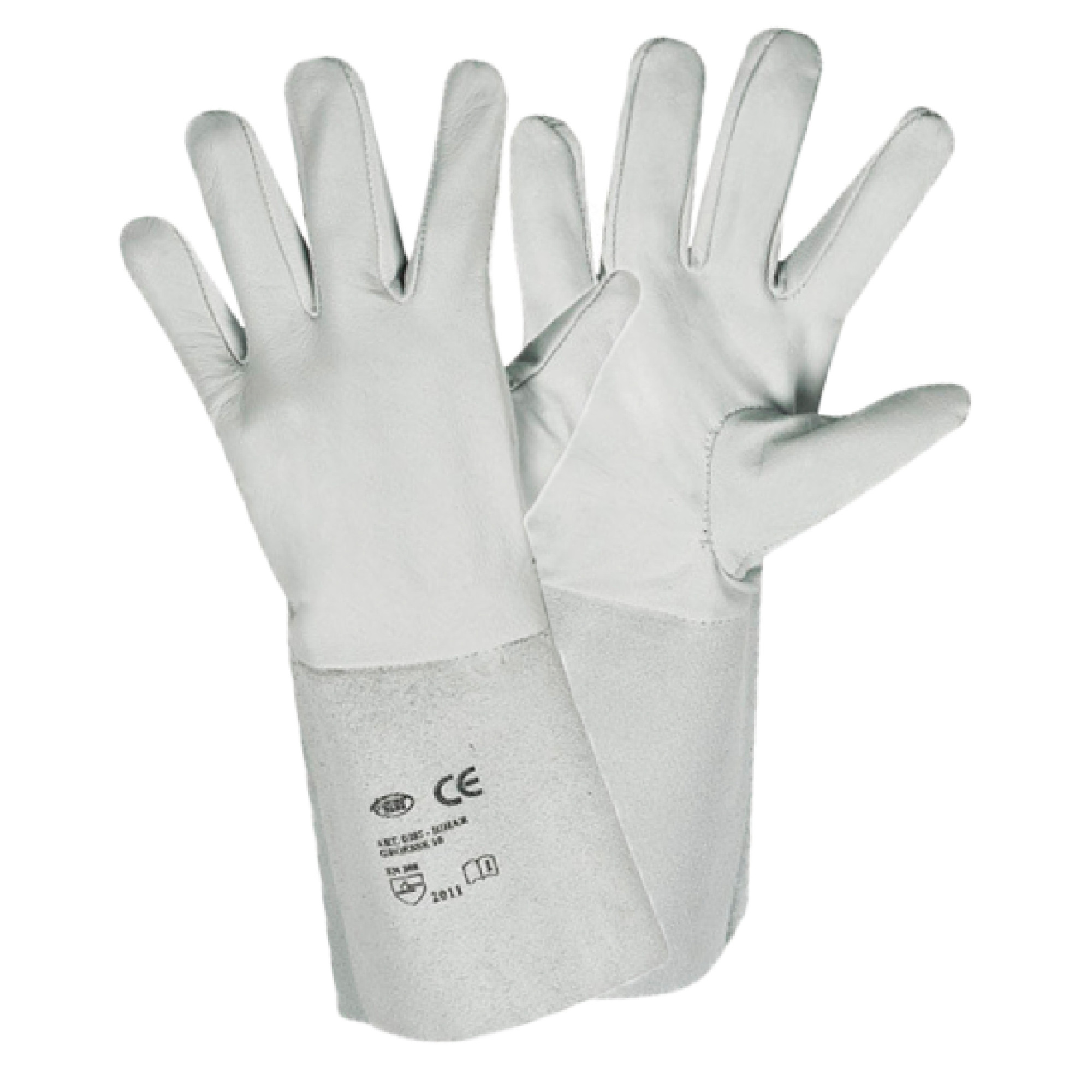 Heller Leder-Schweißerhandschuh mit langem Stulpenschutz, CE-zertifiziert, Paardarstellung